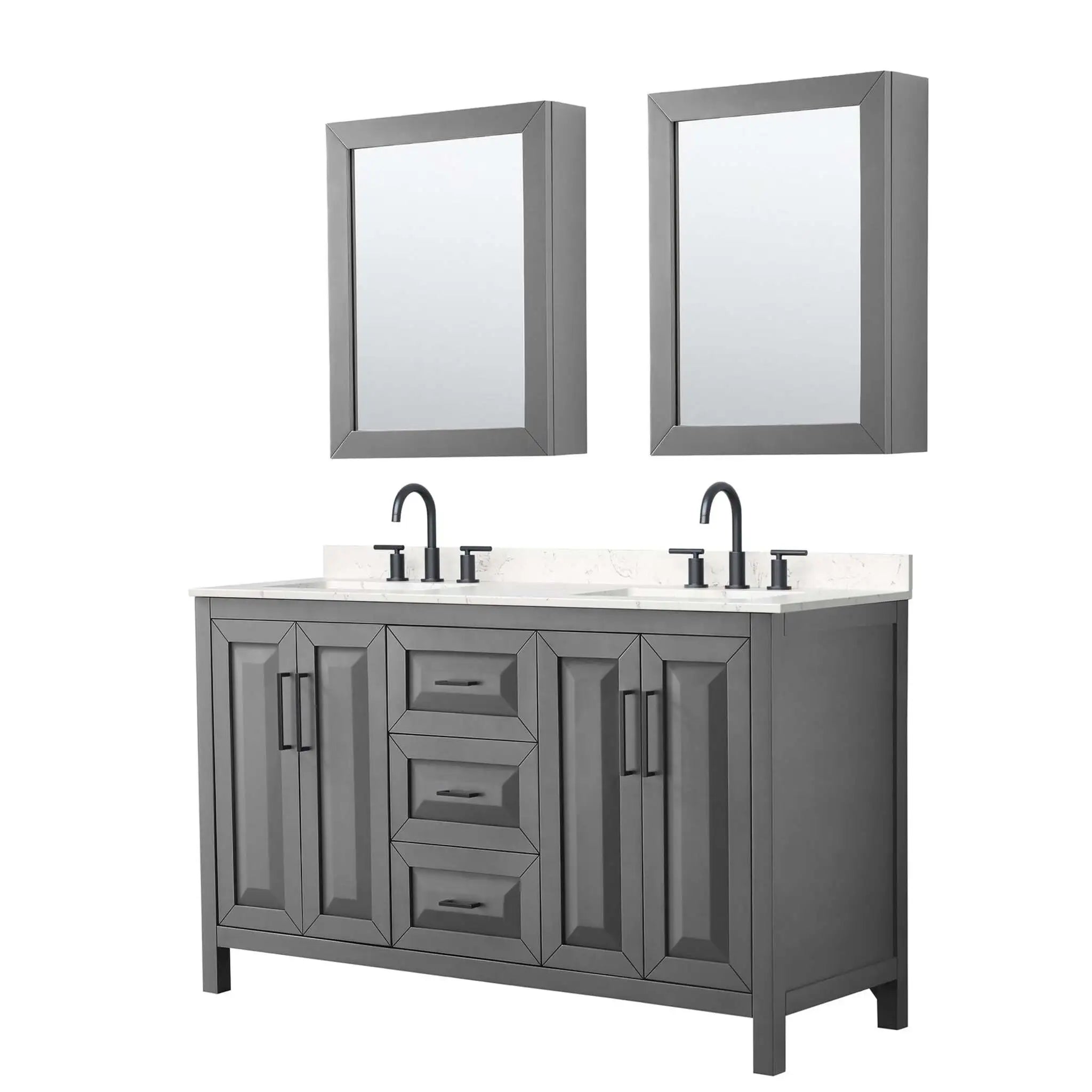 60" Daria Double Bathroom Vanity in Dark Gray with Matte Black Trim & Medicine Cabinet by Wyndham