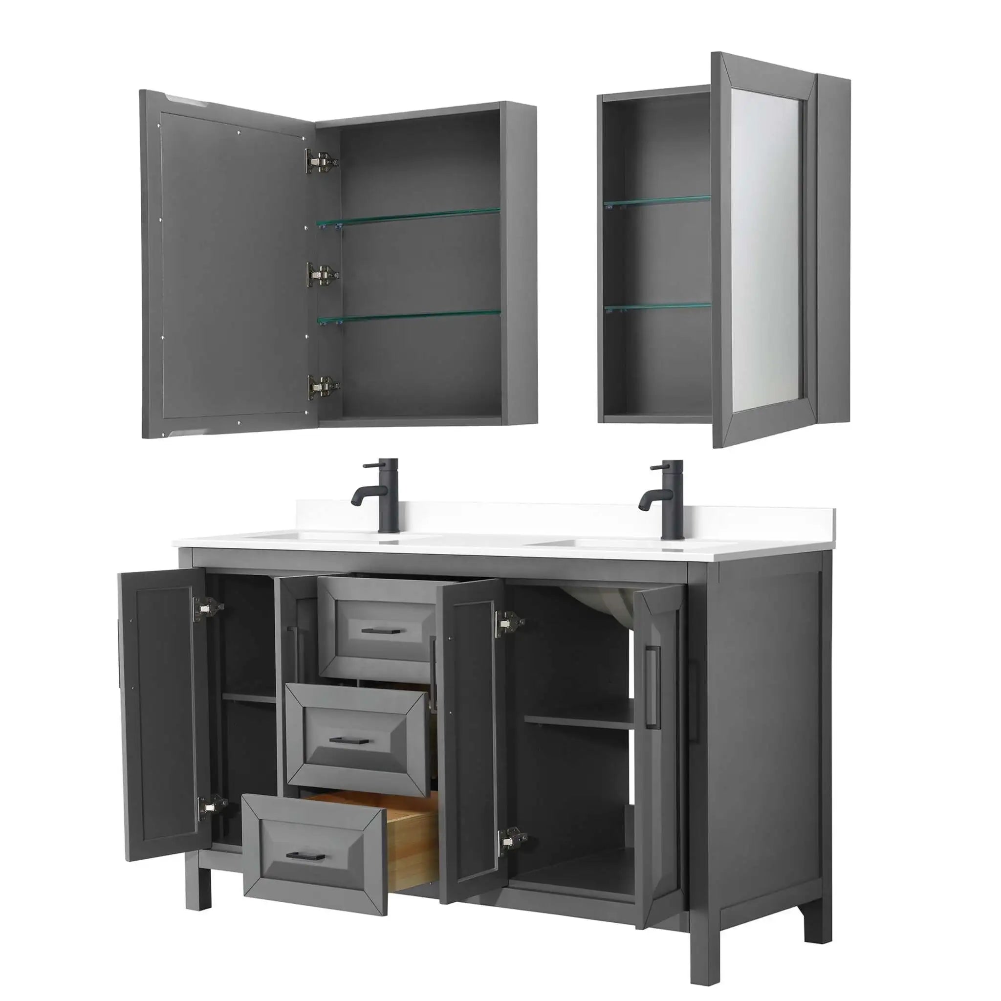60" Daria Double Bathroom Vanity in Dark Gray with Matte Black Trim & Medicine Cabinet by Wyndham