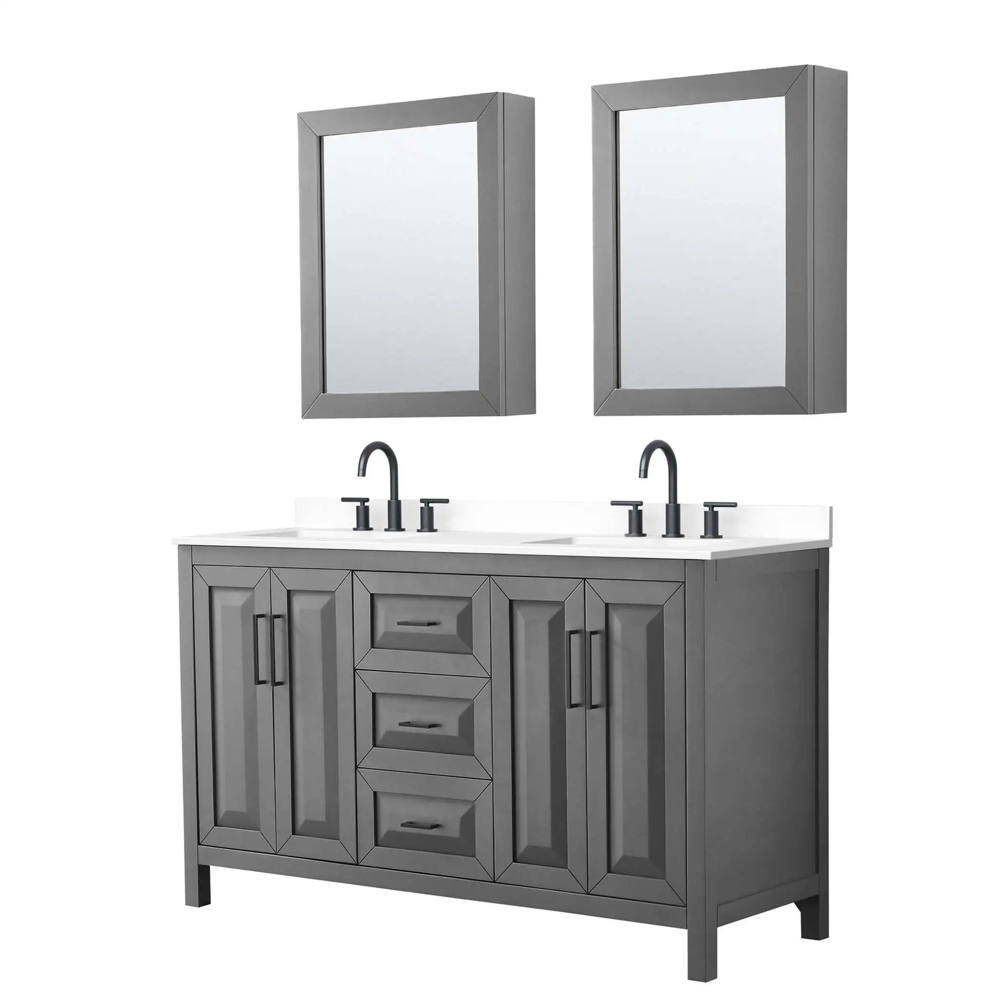 60" Daria Double Bathroom Vanity in Dark Gray with Matte Black Trim & Medicine Cabinet by Wyndham