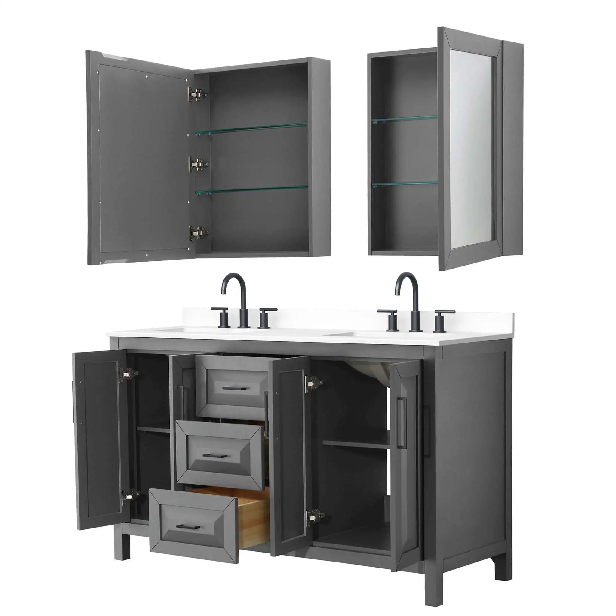 60" Daria Double Bathroom Vanity in Dark Gray with Matte Black Trim & Medicine Cabinet by Wyndham