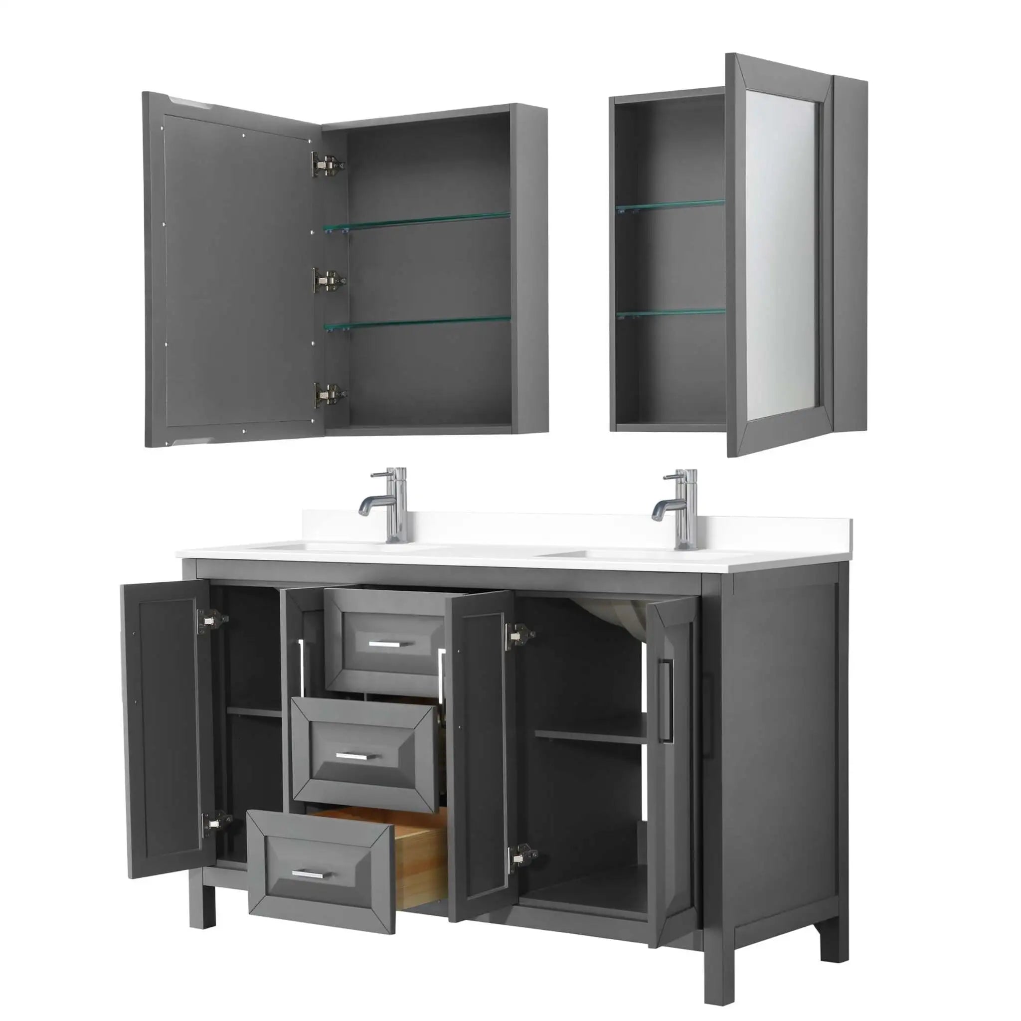 60" Daria Double Bathroom Vanity in Dark Gray with Polished Chrome Trim & Medicine Cabinet by Wyndham