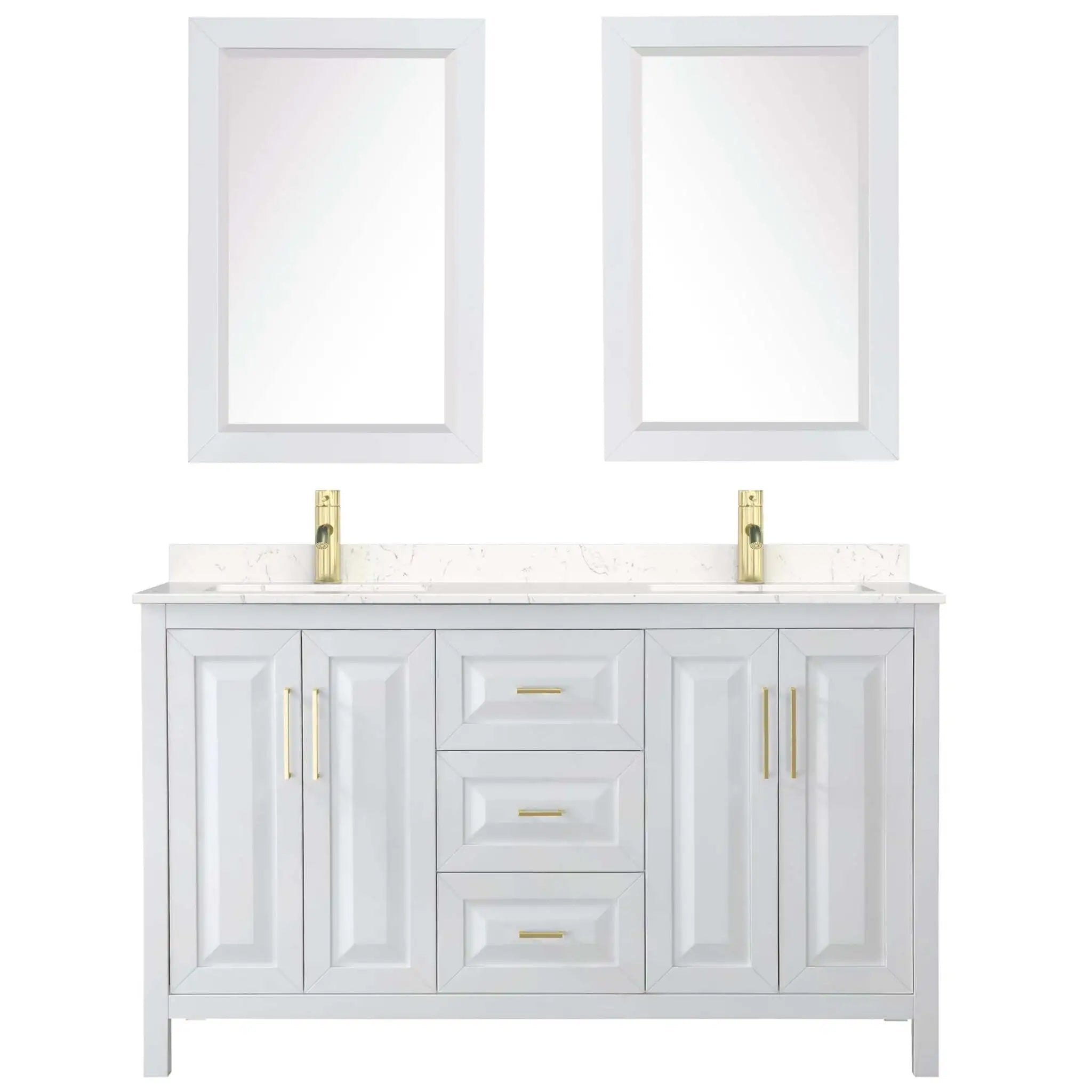 60" Daria Double Bathroom Vanity in White with Brushed Gold Trim & 24" Mirror by Wyndham