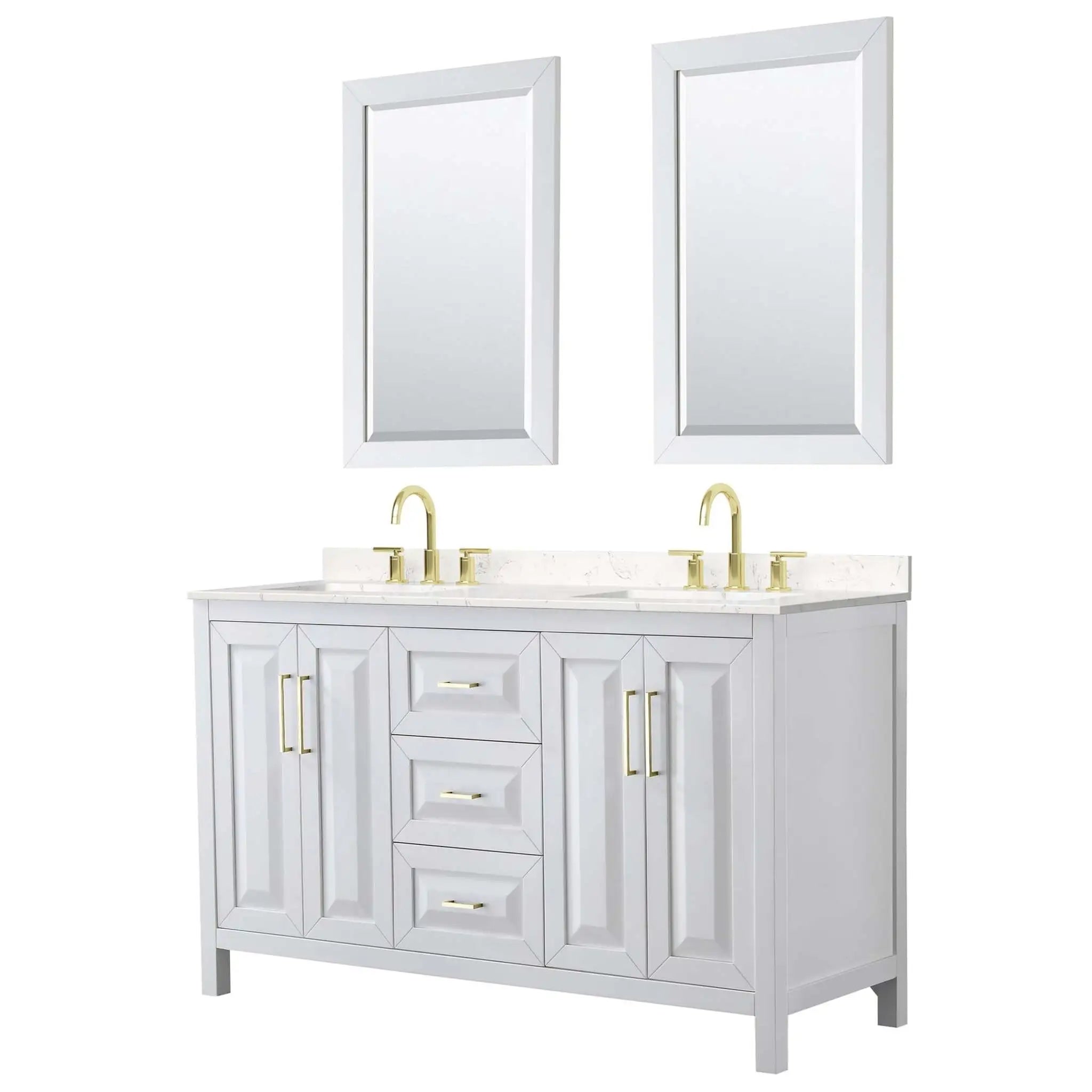 60" Daria Double Bathroom Vanity in White with Brushed Gold Trim & 24" Mirror by Wyndham