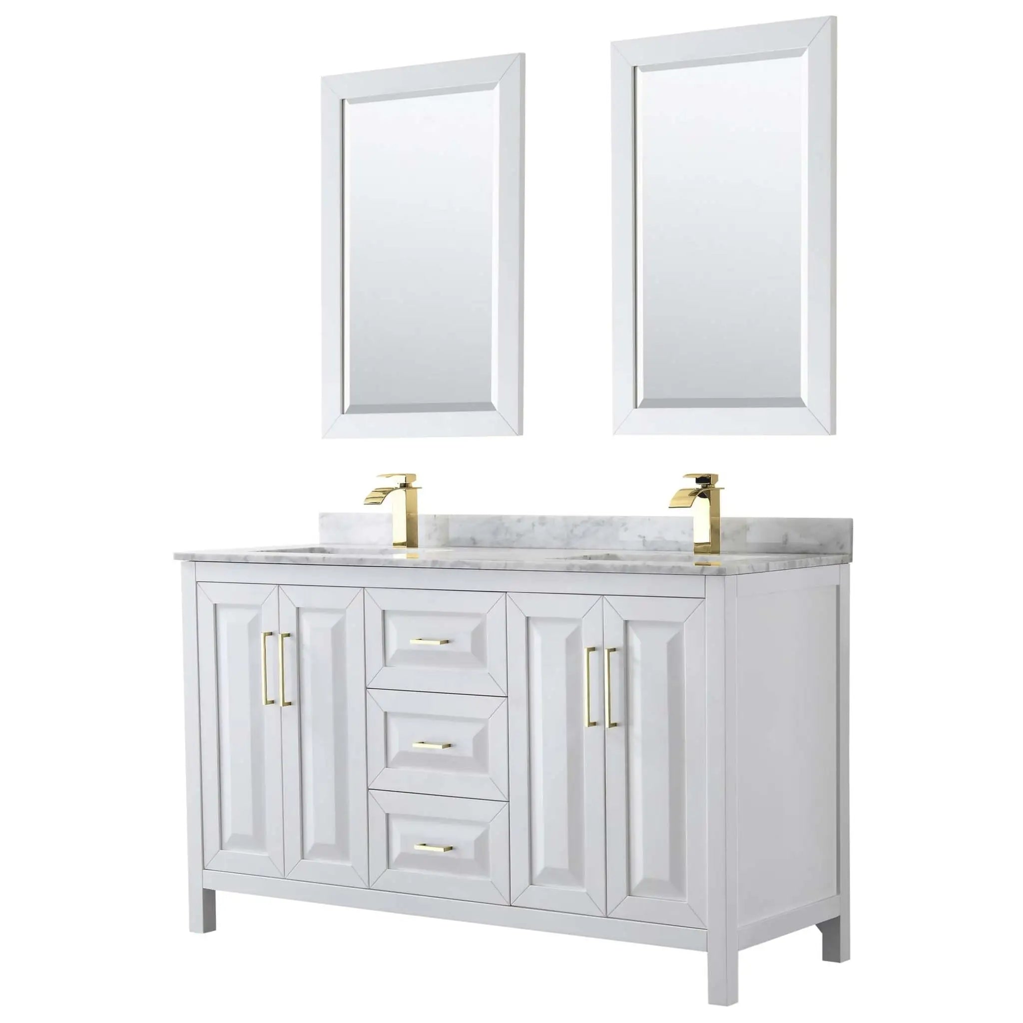 60" Daria Double Bathroom Vanity in White with Brushed Gold Trim & 24" Mirror by Wyndham