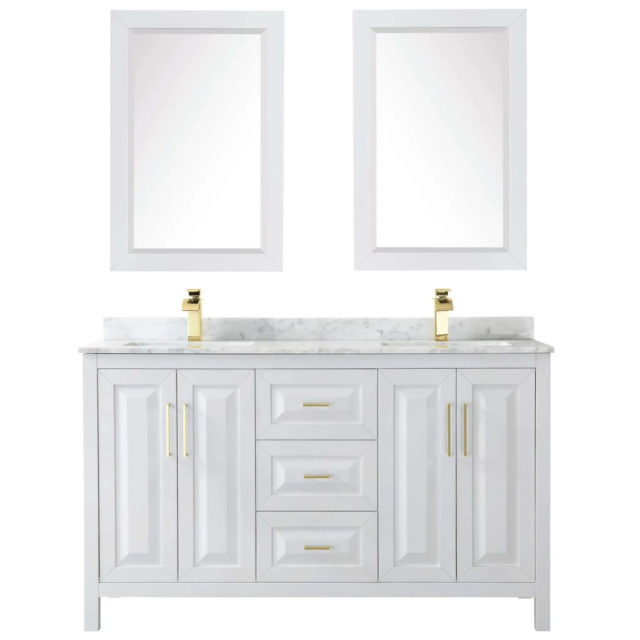 60" Daria Double Bathroom Vanity in White with Brushed Gold Trim & 24" Mirror by Wyndham