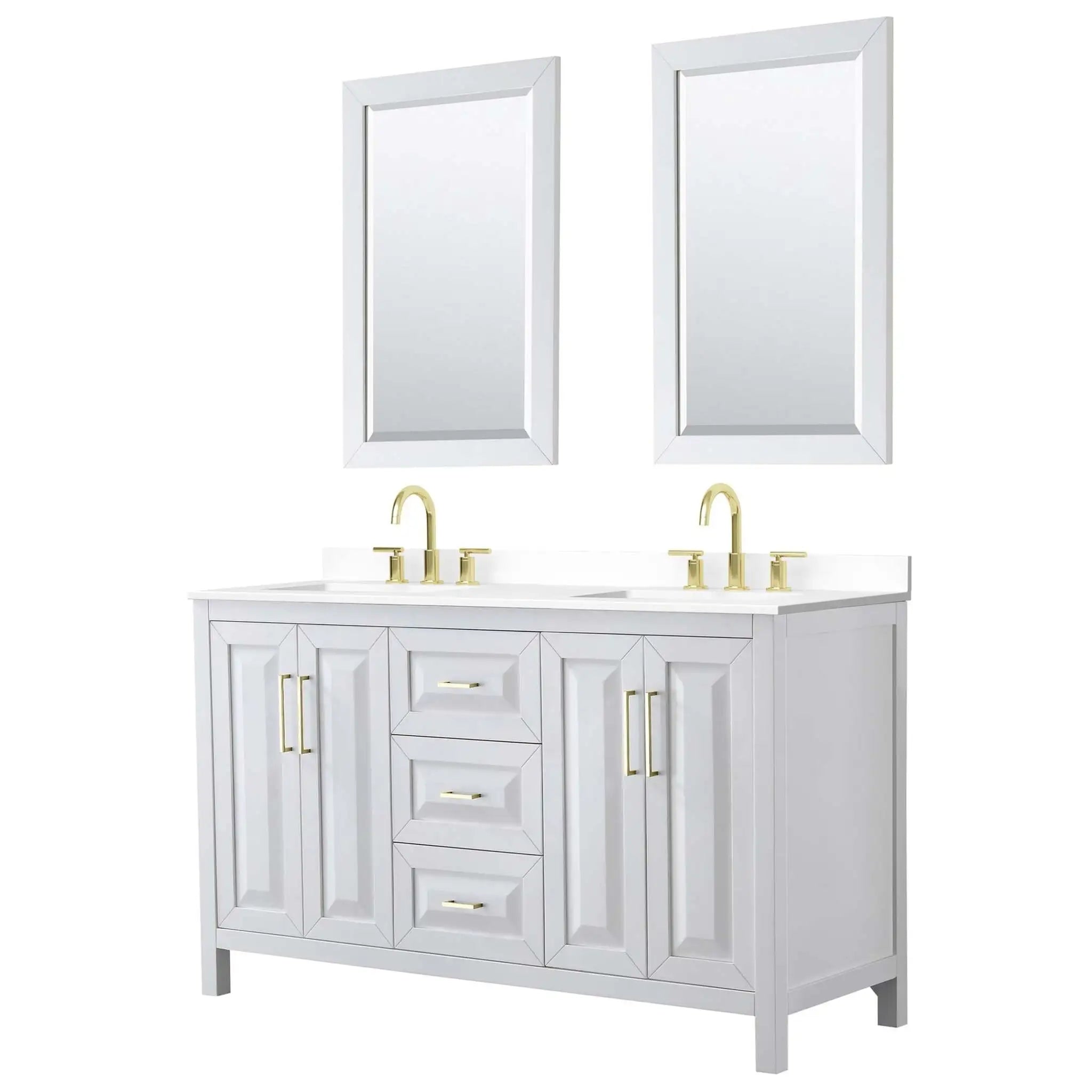 60" Daria Double Bathroom Vanity in White with Brushed Gold Trim & 24" Mirror by Wyndham