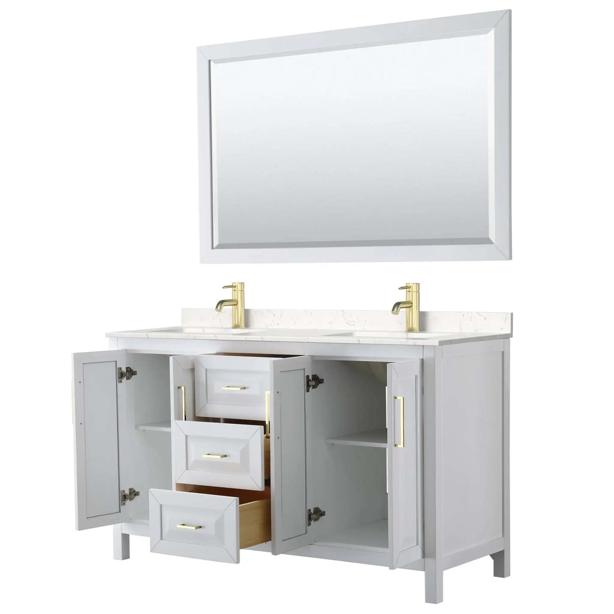 60" Daria Double Bathroom Vanity in White with Brushed Gold Trim & 58" Mirror by Wyndham