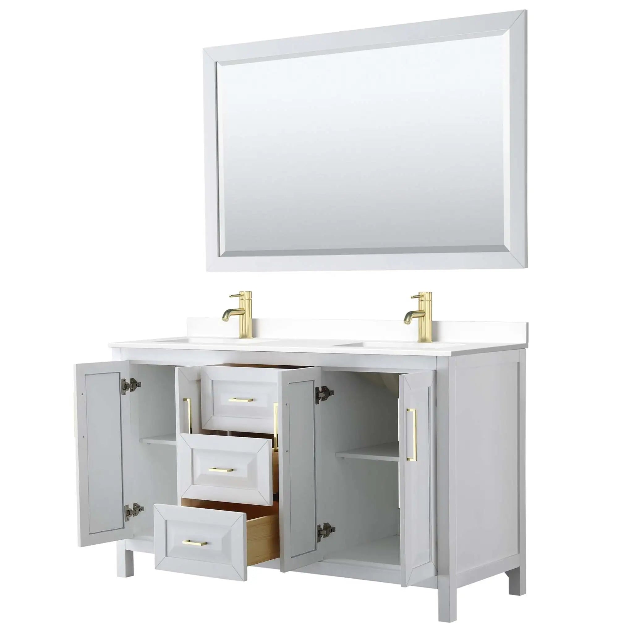 60" Daria Double Bathroom Vanity in White with Brushed Gold Trim & 58" Mirror by Wyndham