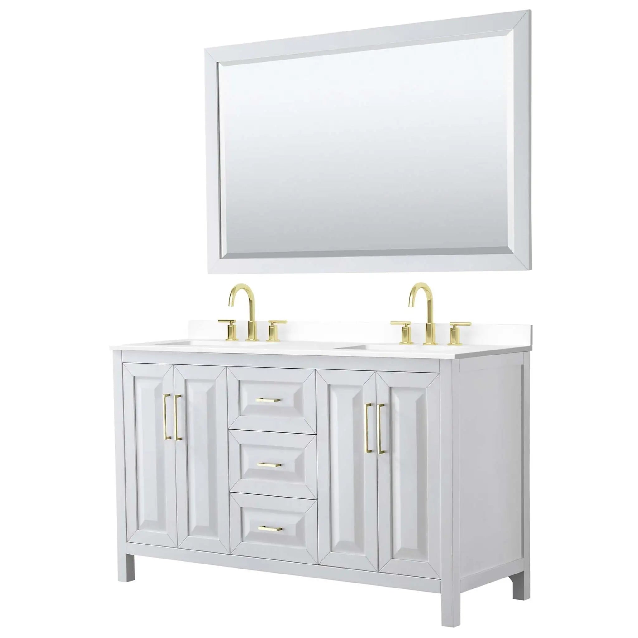 60" Daria Double Bathroom Vanity in White with Brushed Gold Trim & 58" Mirror by Wyndham