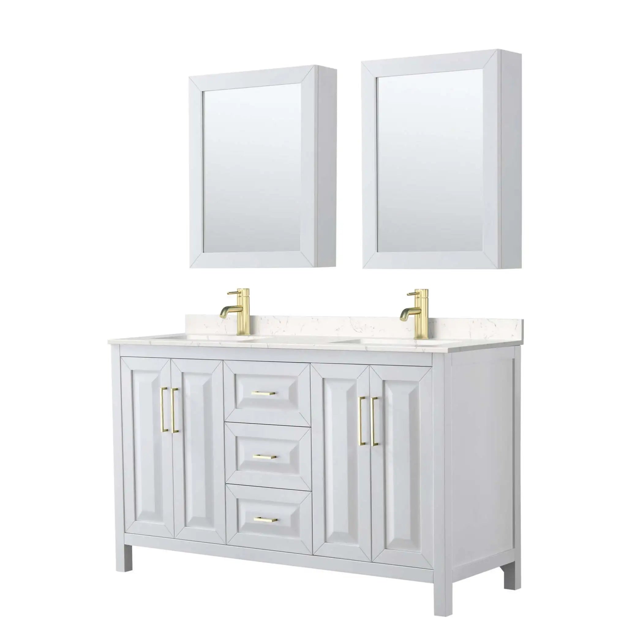 60" Daria Double Bathroom Vanity in White with Brushed Gold Trim & Medicine Cabinet by Wyndham