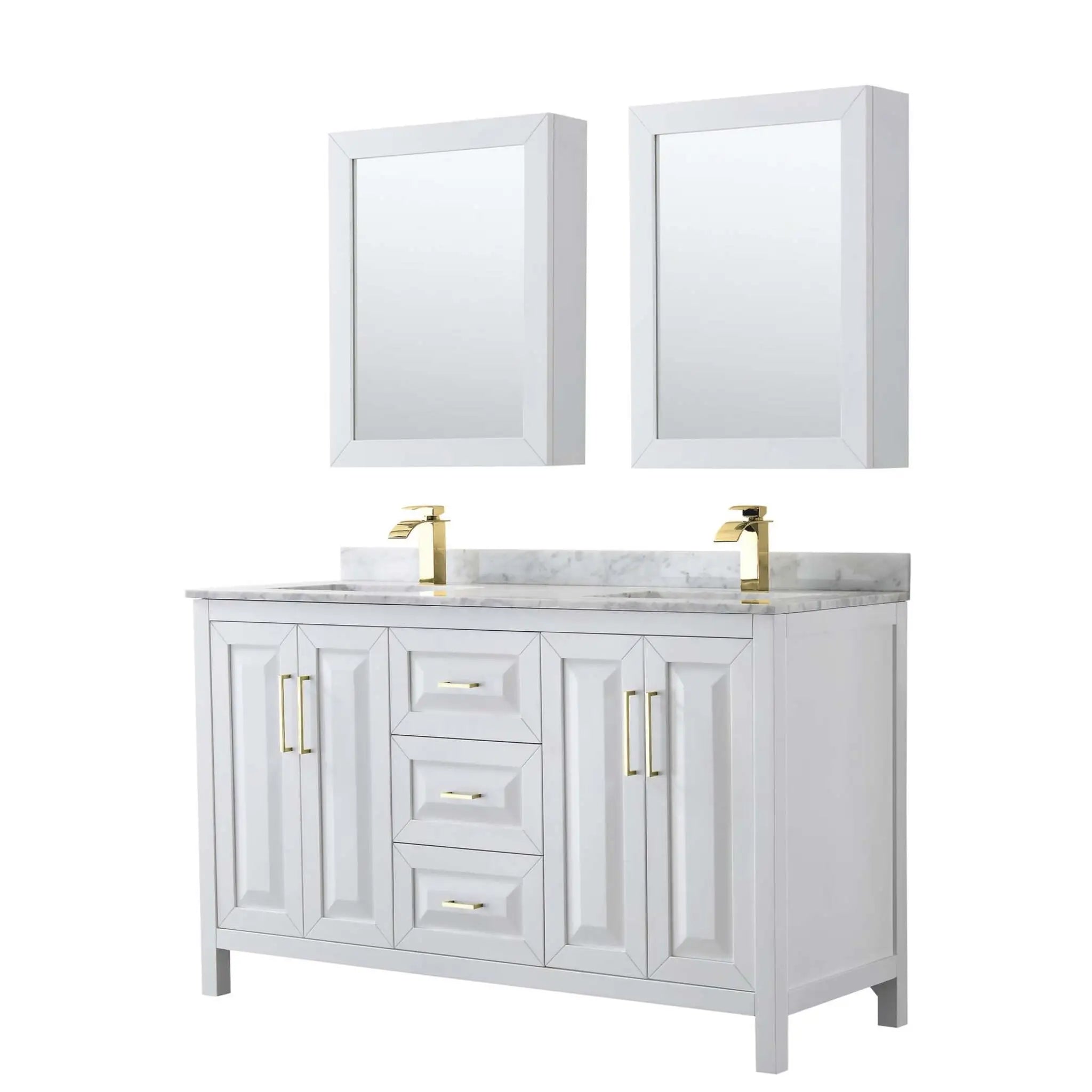 60" Daria Double Bathroom Vanity in White with Brushed Gold Trim & Medicine Cabinet by Wyndham