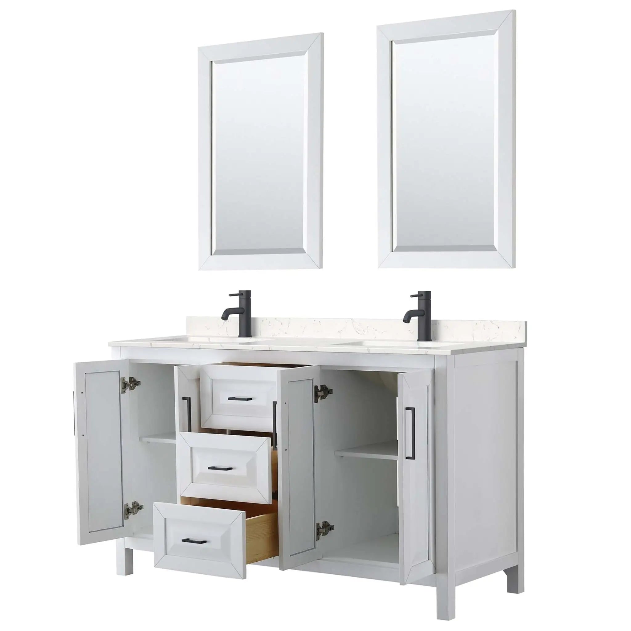 60" Daria Double Bathroom Vanity in White with Matte Black Trim & 24" Mirror by Wyndham