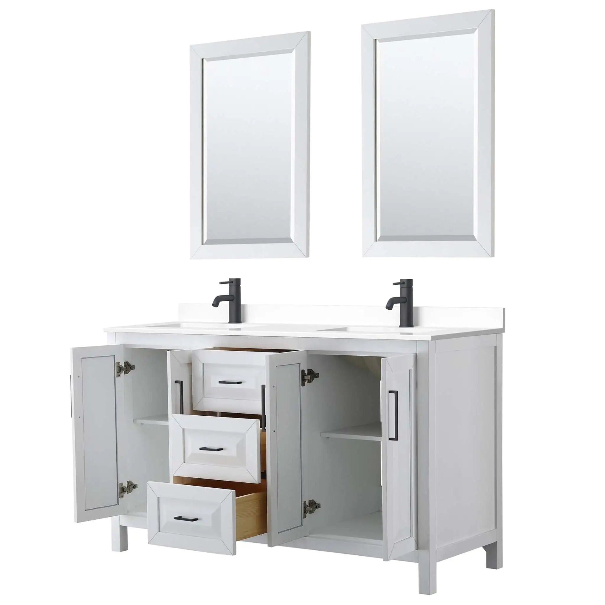 60" Daria Double Bathroom Vanity in White with Matte Black Trim & 24" Mirror by Wyndham