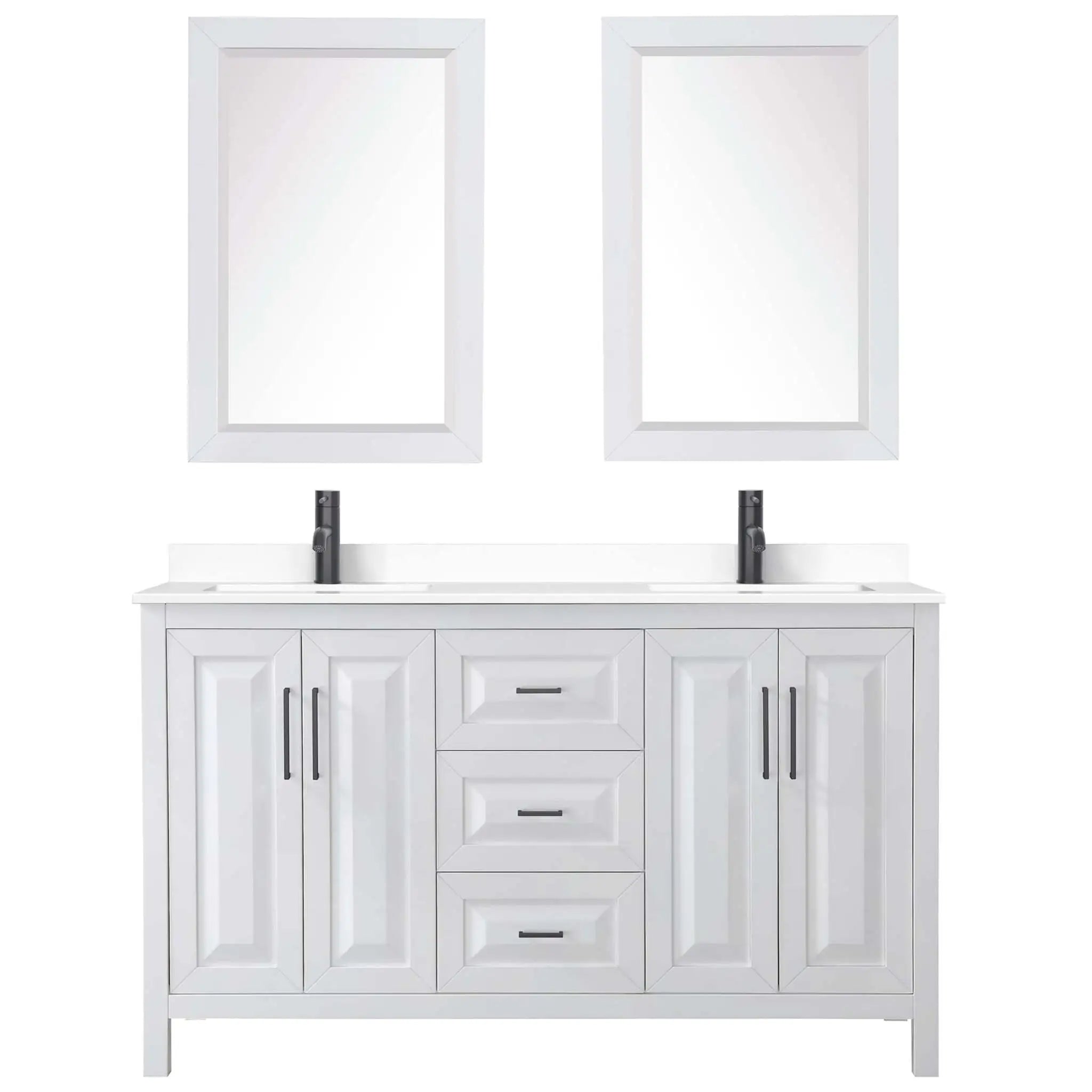 60" Daria Double Bathroom Vanity in White with Matte Black Trim & 24" Mirror by Wyndham