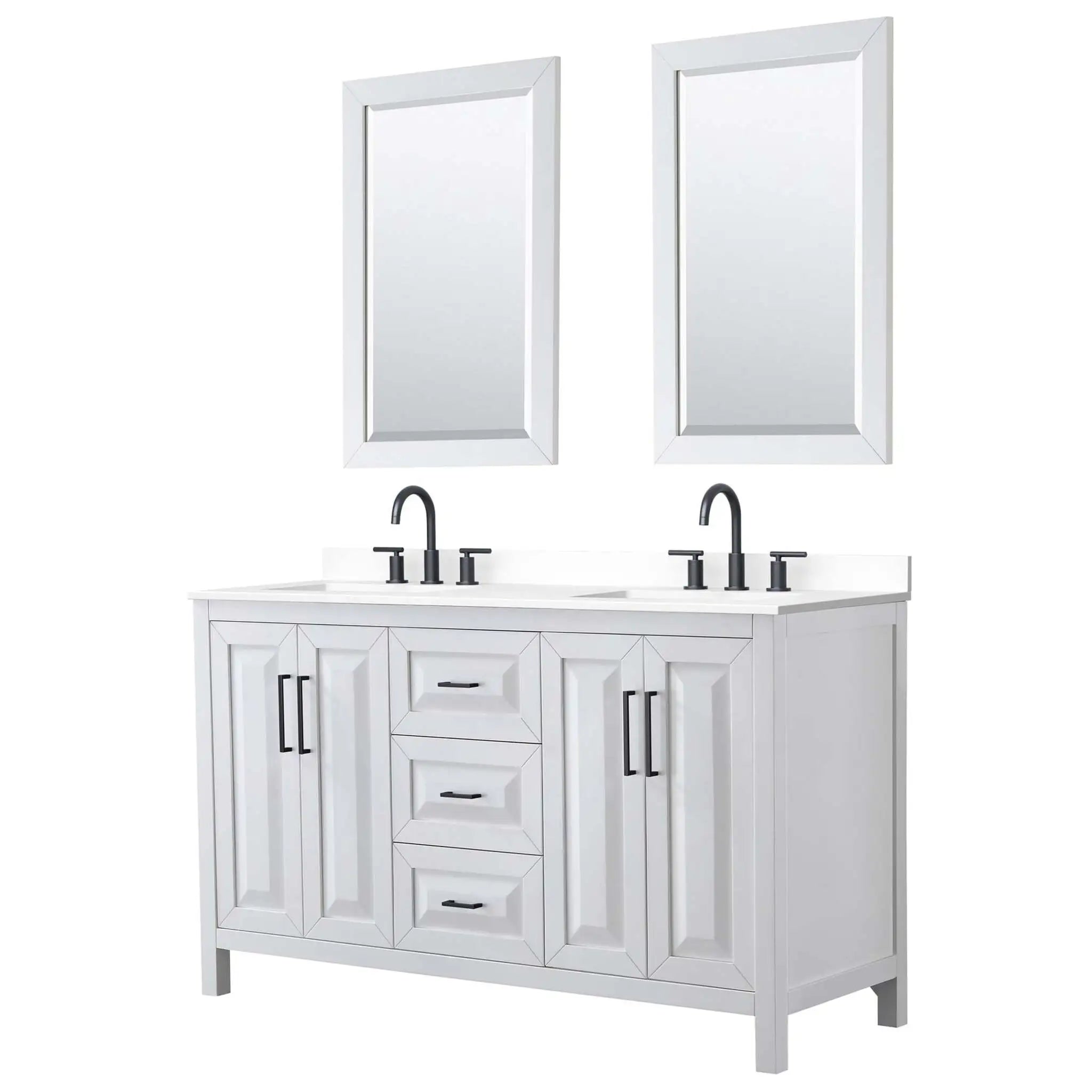 60" Daria Double Bathroom Vanity in White with Matte Black Trim & 24" Mirror by Wyndham