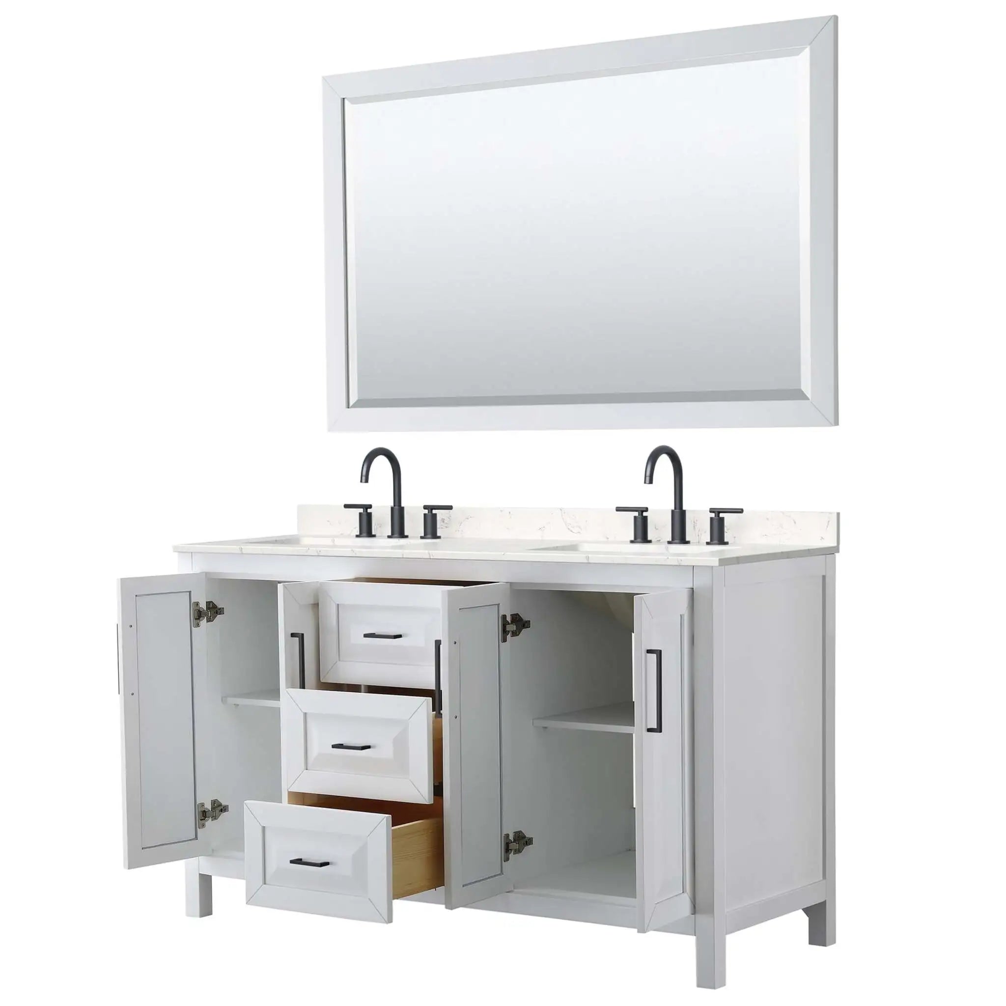 60" Daria Double Bathroom Vanity in White with Matte Black Trim & 58" Mirror by Wyndham