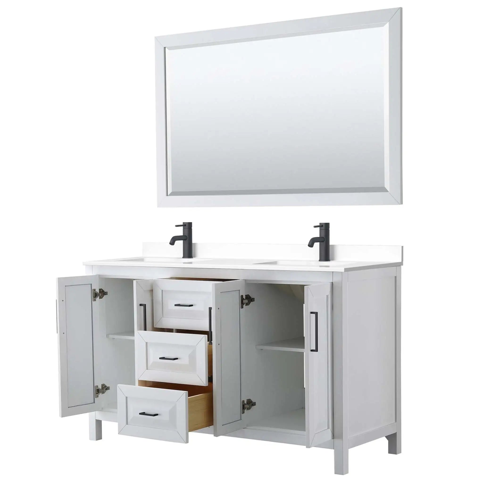 60" Daria Double Bathroom Vanity in White with Matte Black Trim & 58" Mirror by Wyndham