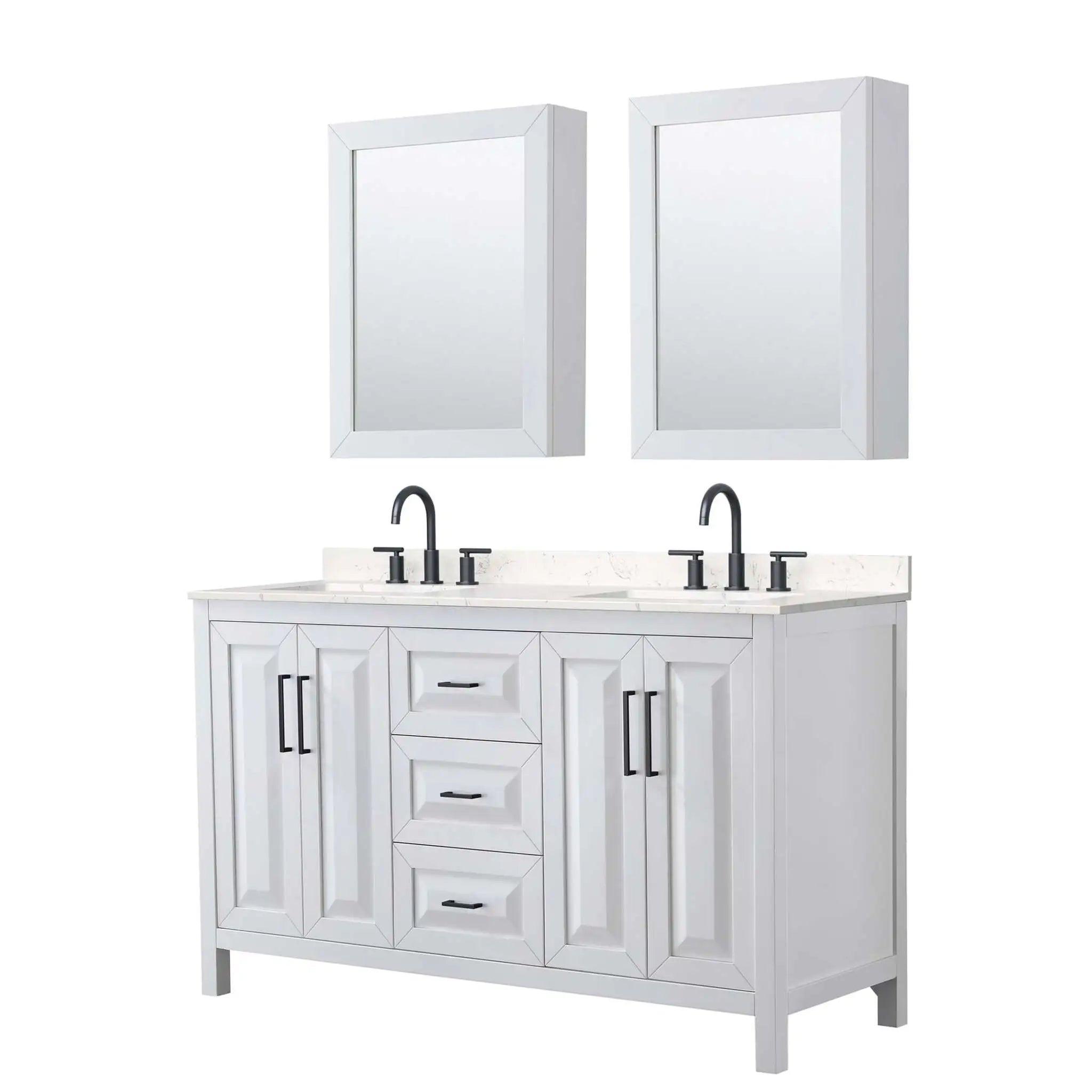60" Daria Double Bathroom Vanity in White with Matte Black Trim & Medicine Cabinet by Wyndham