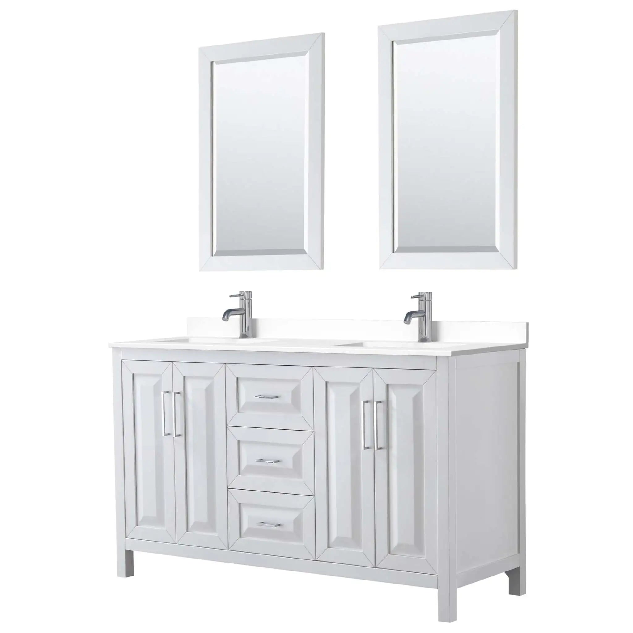 60" Daria Double Bathroom Vanity in White with Polished Chrome Trim & 24" Mirror by Wyndham