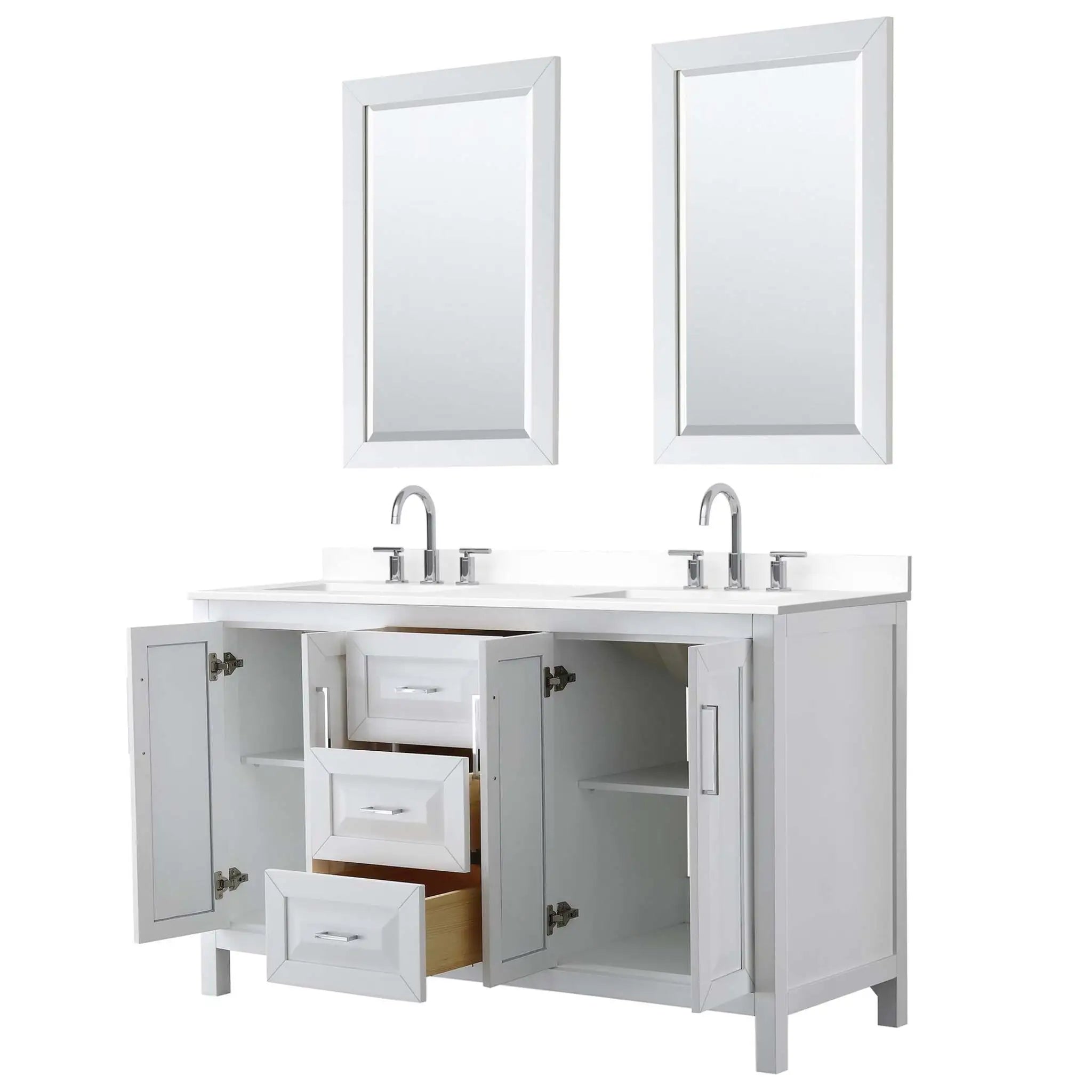 60" Daria Double Bathroom Vanity in White with Polished Chrome Trim & 24" Mirror by Wyndham