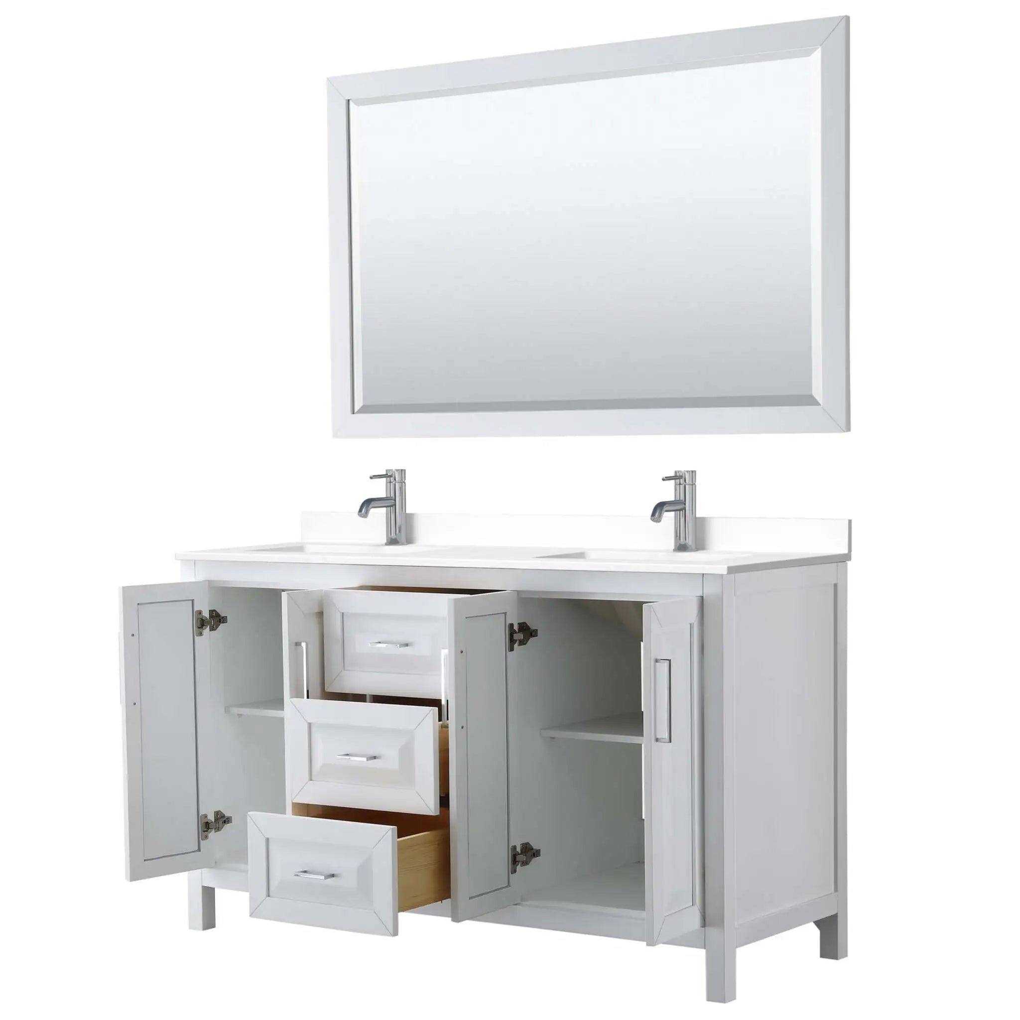 60" Daria Double Bathroom Vanity in White with Polished Chrome Trim & 58" Mirror by Wyndham