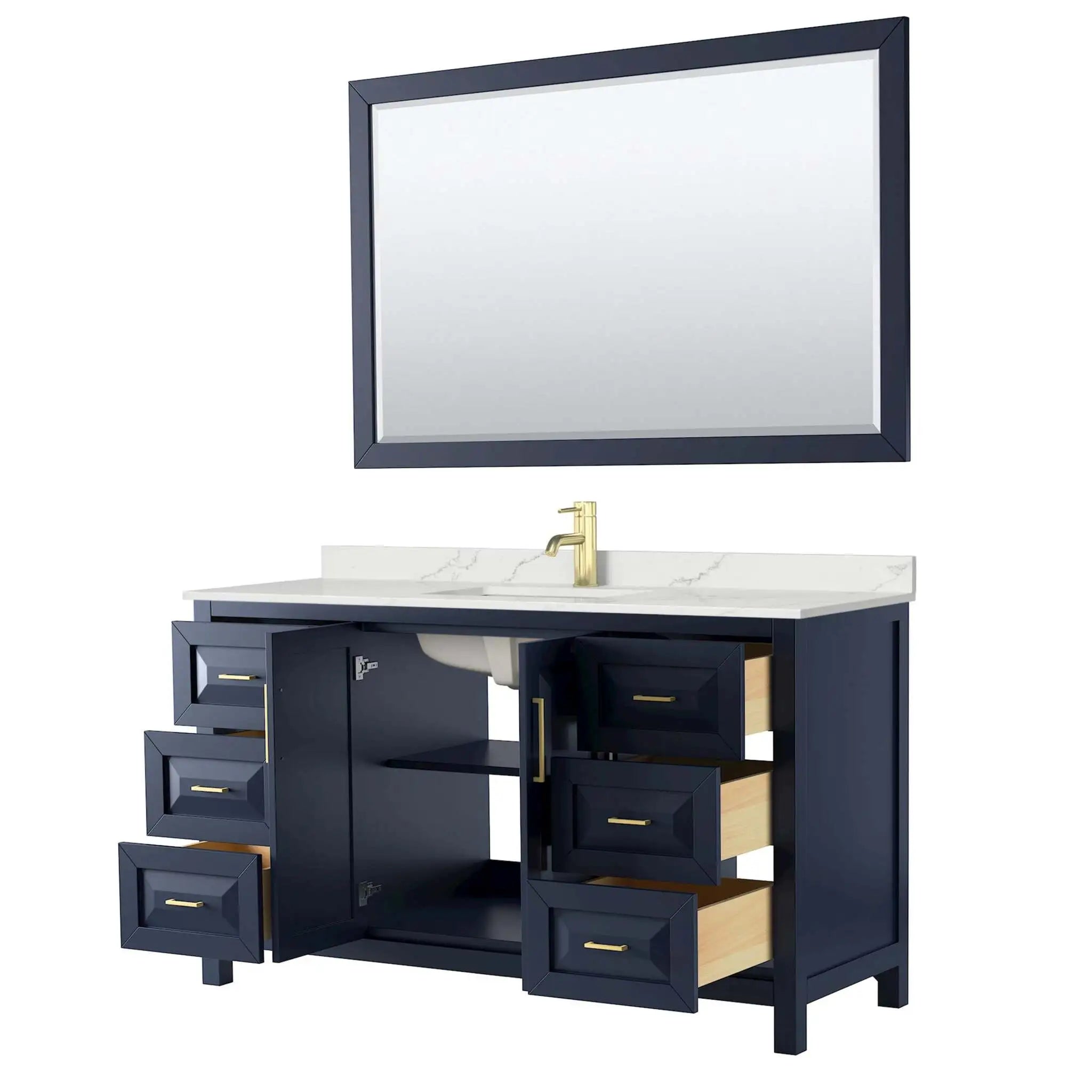 60" Daria Single Bathroom Vanity in Dark Blue with Brushed Gold Trim & 58" Mirror by Wyndham