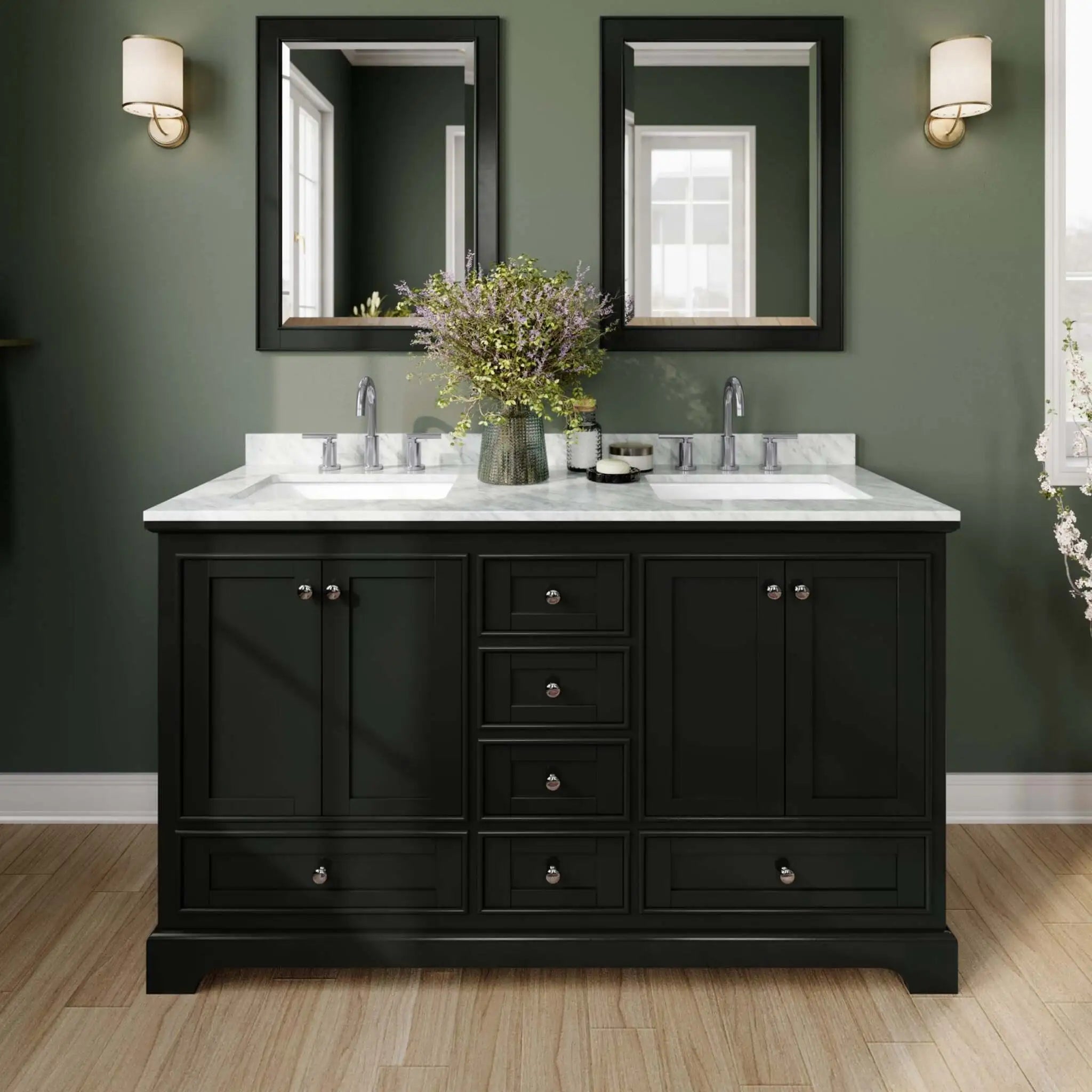 60" Deborah Double Bathroom Vanity in Dark Espresso with Polished Chrome Trim & 58" Mirror by Wyndham