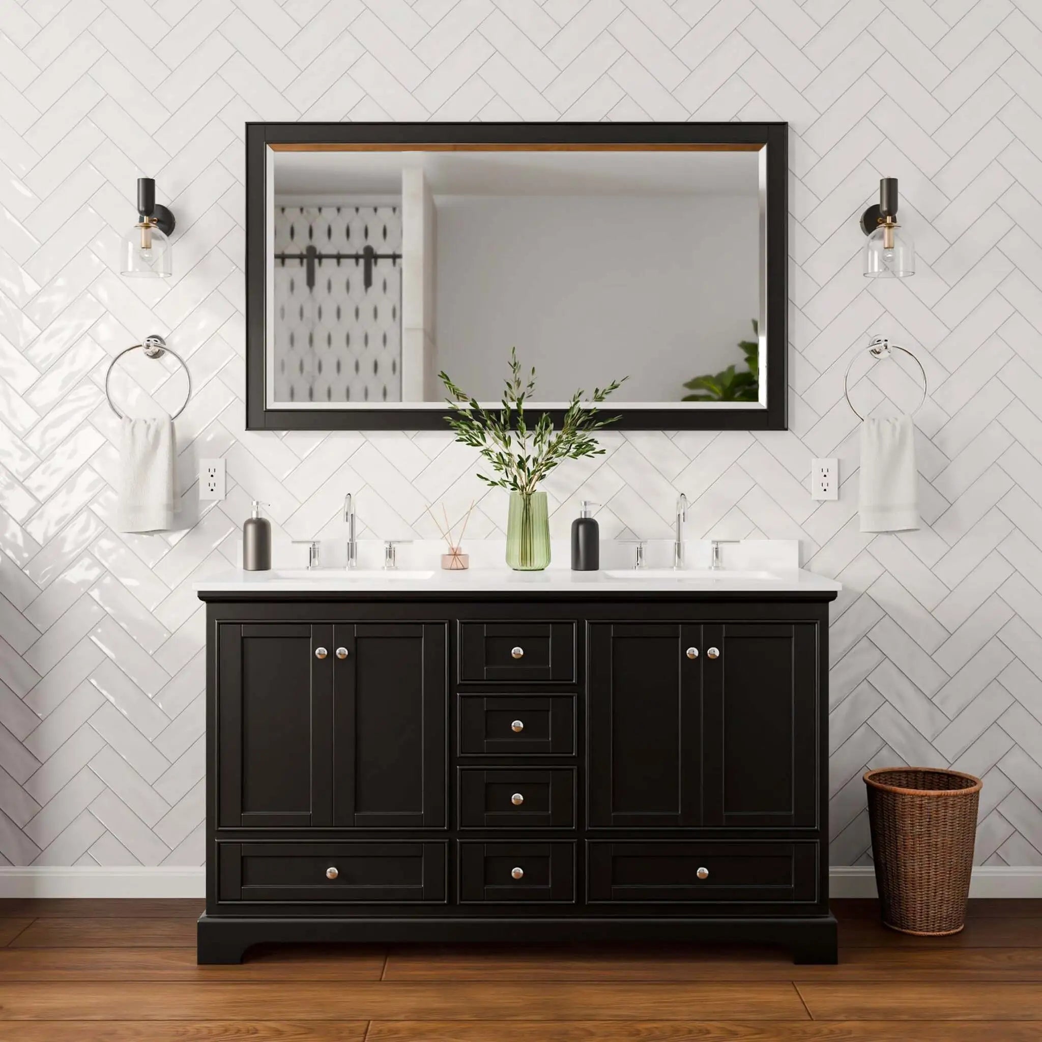 60" Deborah Double Bathroom Vanity in Dark Espresso with Polished Chrome Trim & 58" Mirror by Wyndham