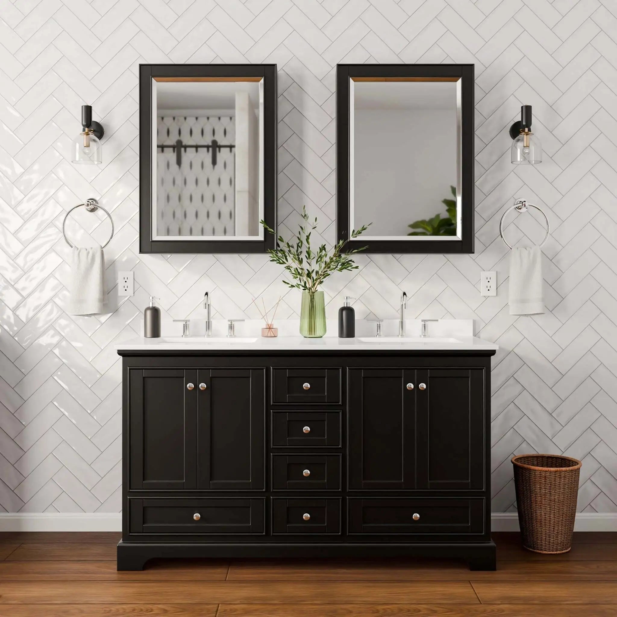60" Deborah Double Bathroom Vanity in Dark Espresso with Polished Chrome Trim & Medicine Cabinet by Wyndham