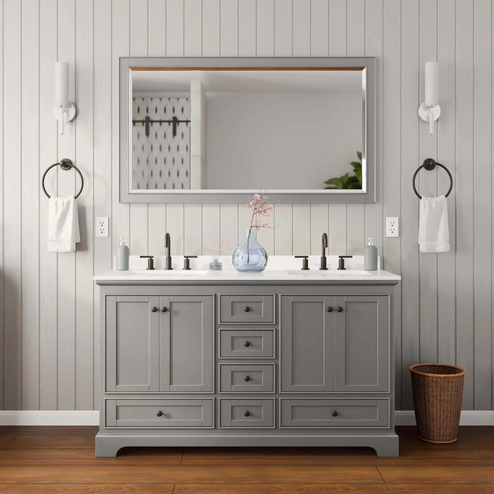 60" Deborah Double Bathroom Vanity in Dark Gray with Matte Black Trim & 58" Mirror by Wyndham