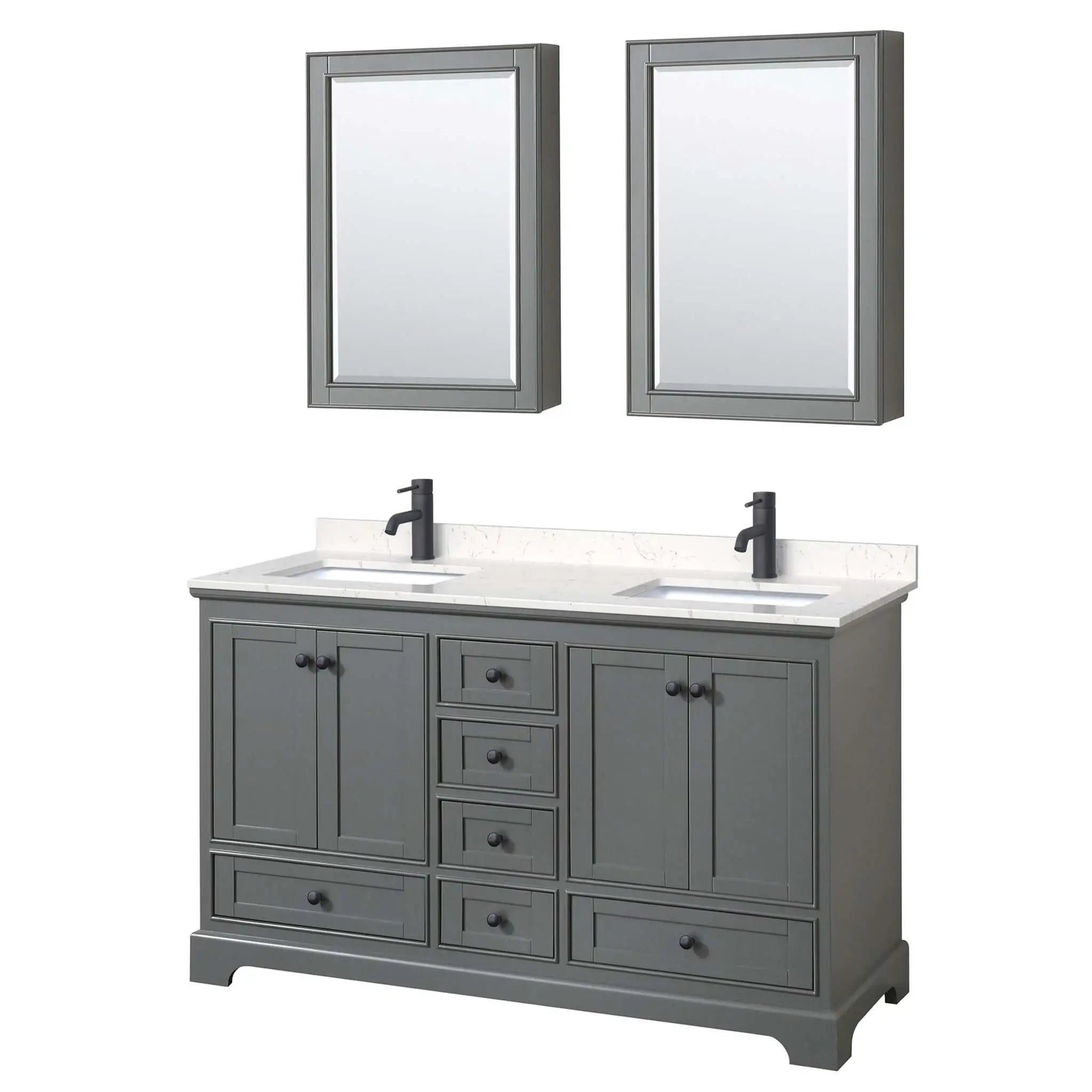 60" Deborah Double Bathroom Vanity in Dark Gray with Matte Black Trim & Medicine Cabinet by Wyndham