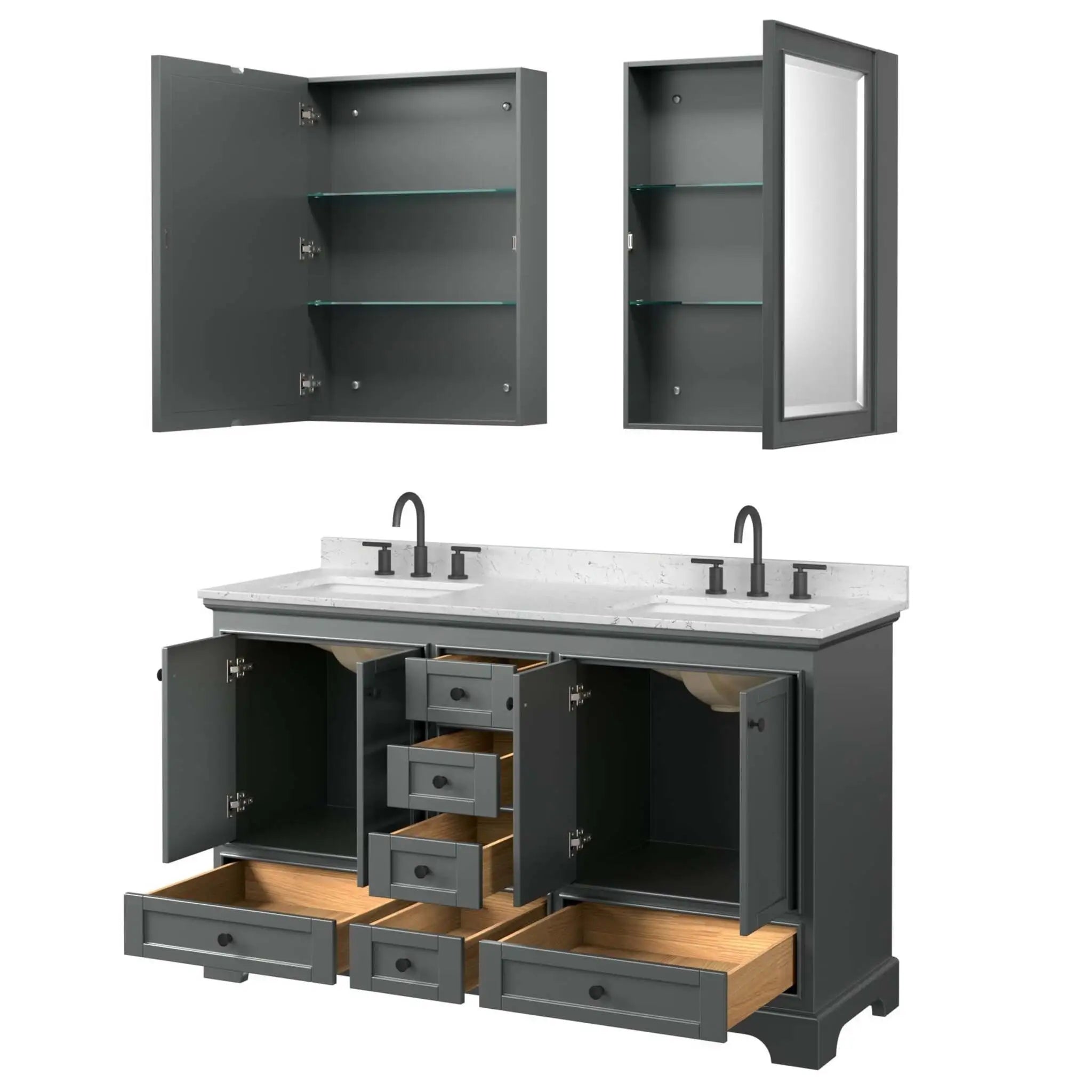 60" Deborah Double Bathroom Vanity in Dark Gray with Matte Black Trim & Medicine Cabinet by Wyndham