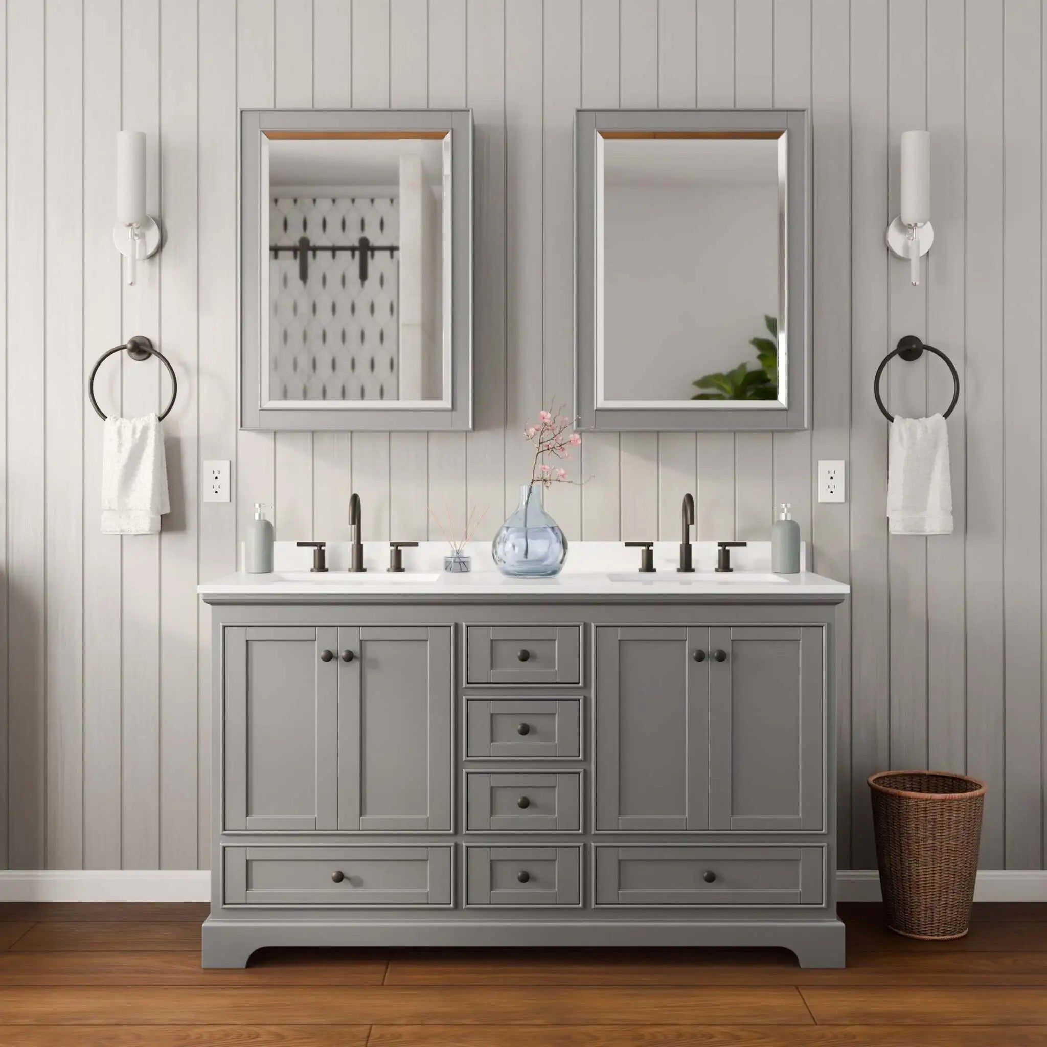 60" Deborah Double Bathroom Vanity in Dark Gray with Matte Black Trim & Medicine Cabinet by Wyndham