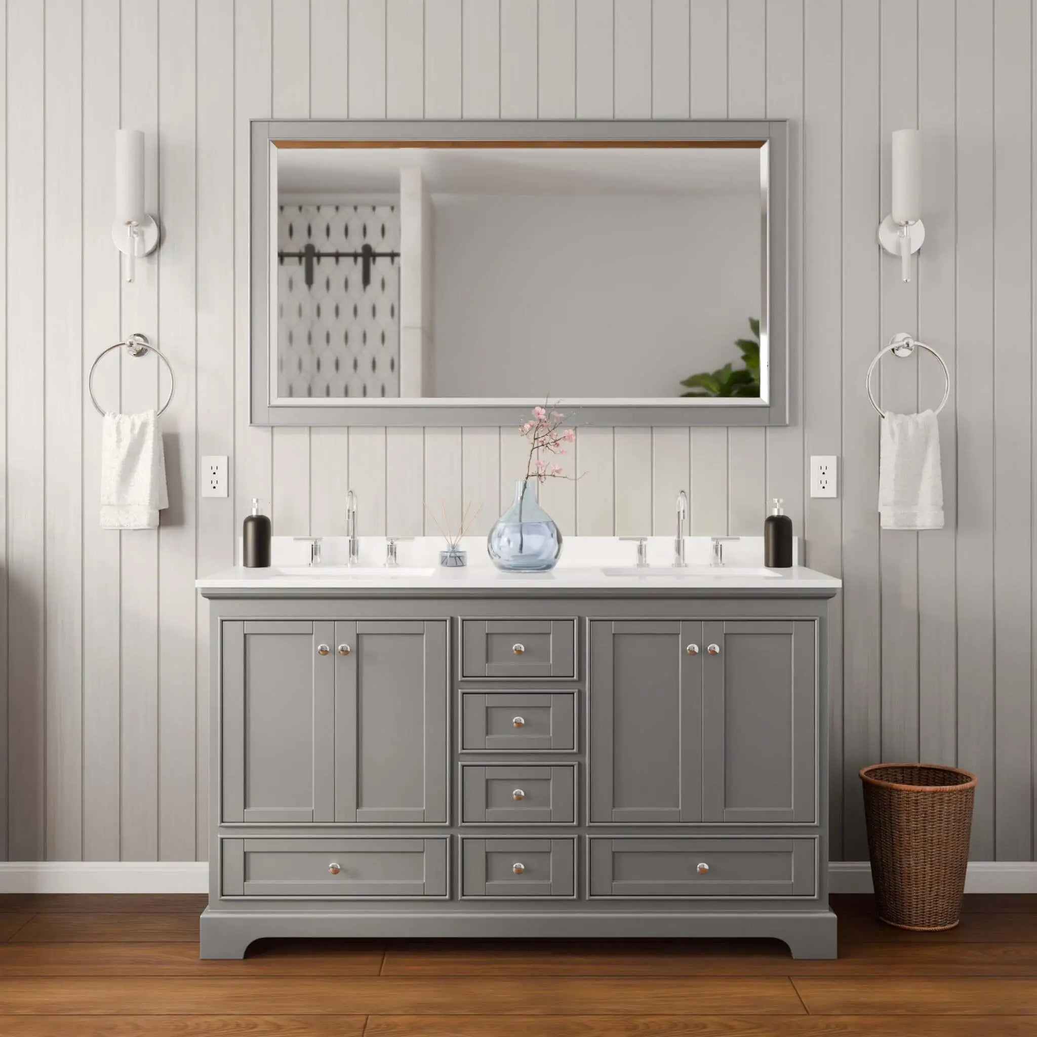 60" Deborah Double Bathroom Vanity in Dark Gray with Polished Chrome Trim & 58" Mirror by Wyndham