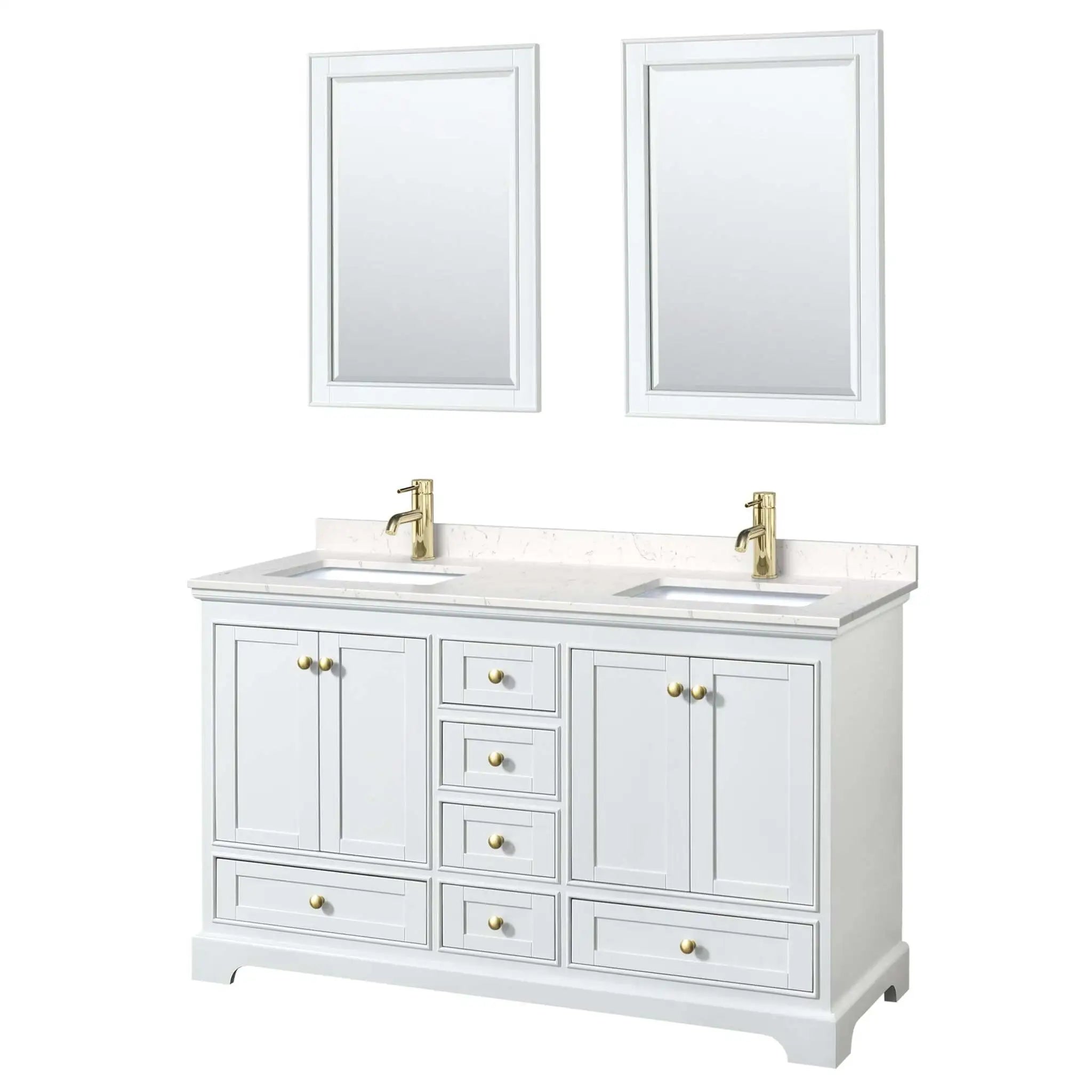 60" Deborah Double Bathroom Vanity in White with Brushed Gold Trim & 24" Mirror by Wyndham