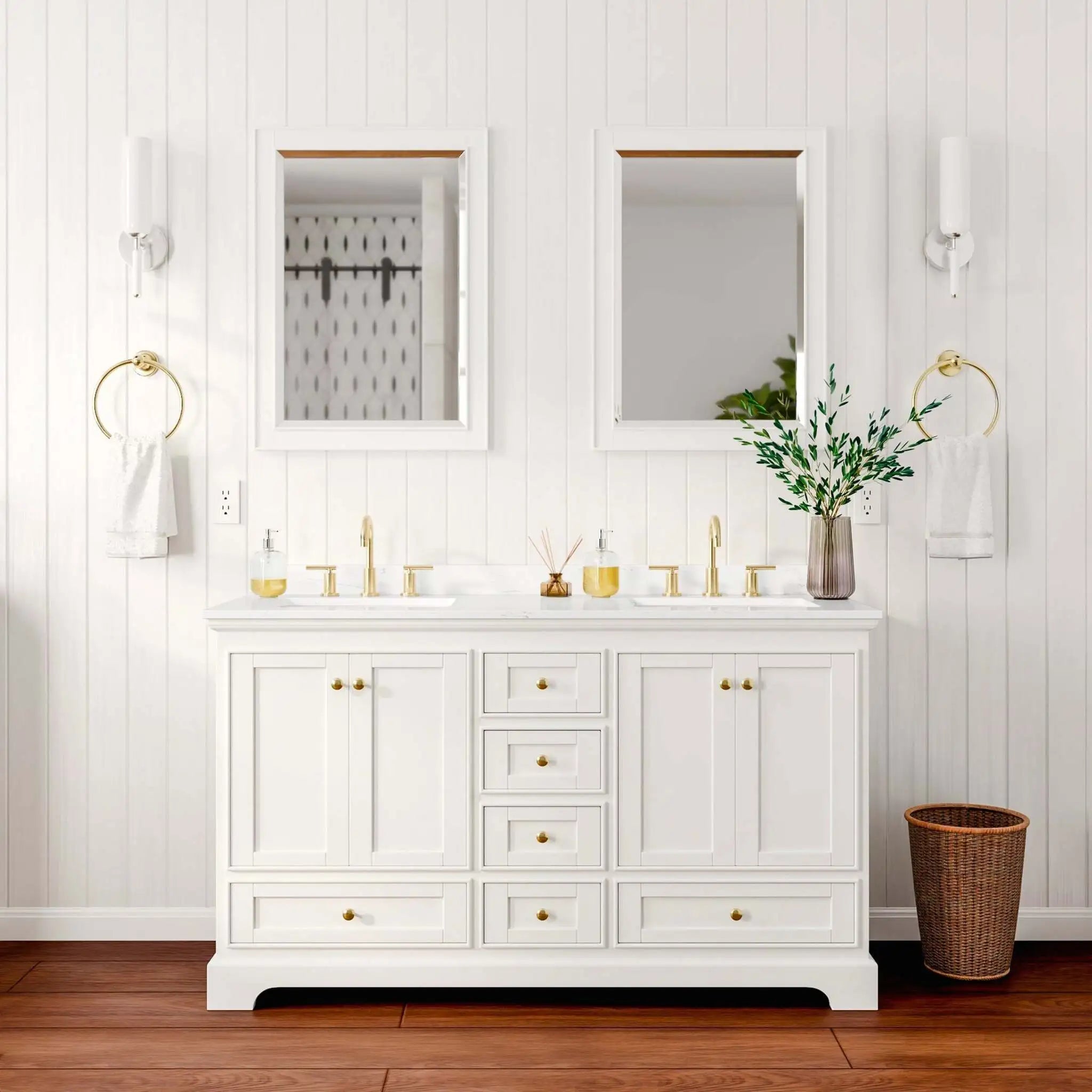 60" Deborah Double Bathroom Vanity in White with Brushed Gold Trim & 24" Mirror by Wyndham