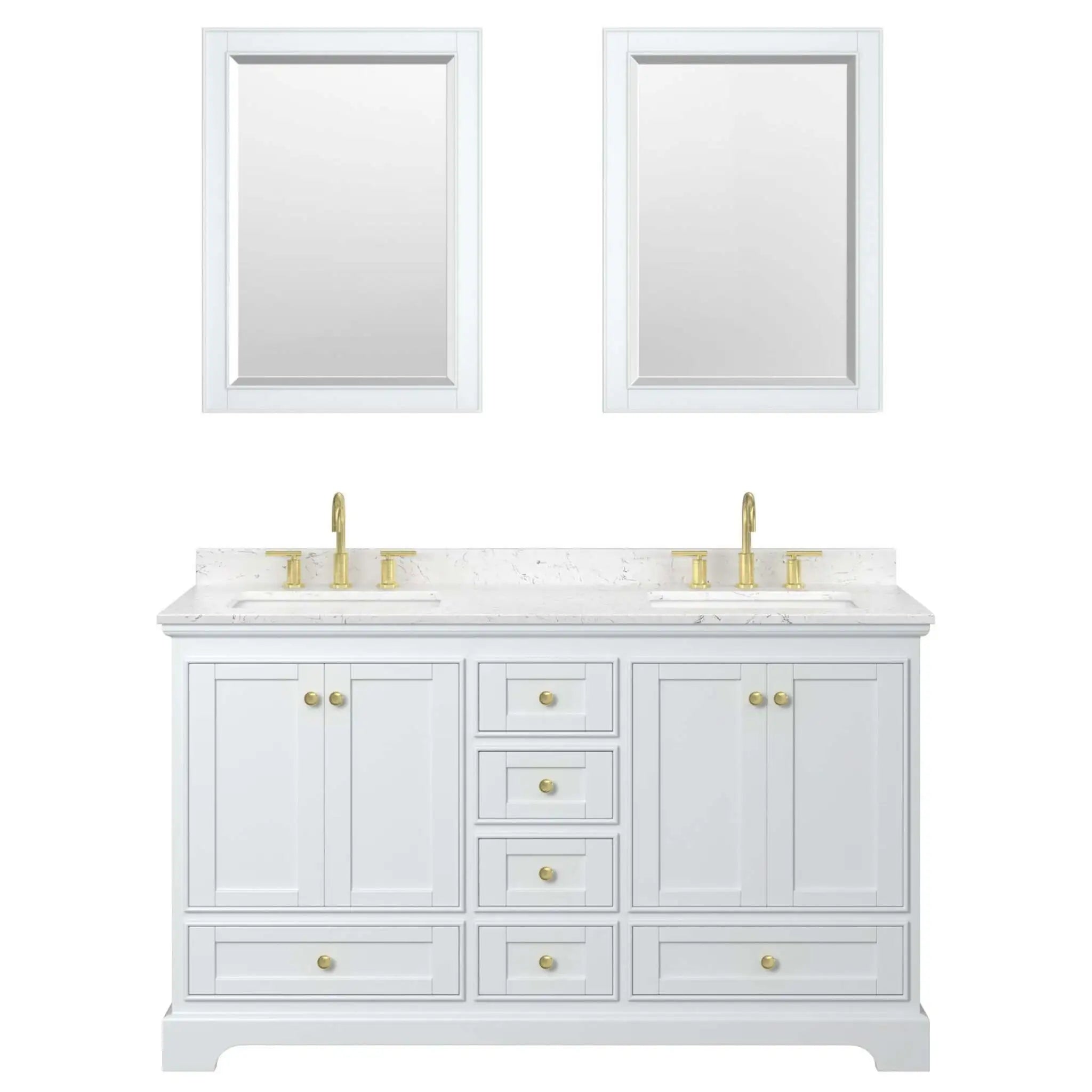 60" Deborah Double Bathroom Vanity in White with Brushed Gold Trim & 24" Mirror by Wyndham