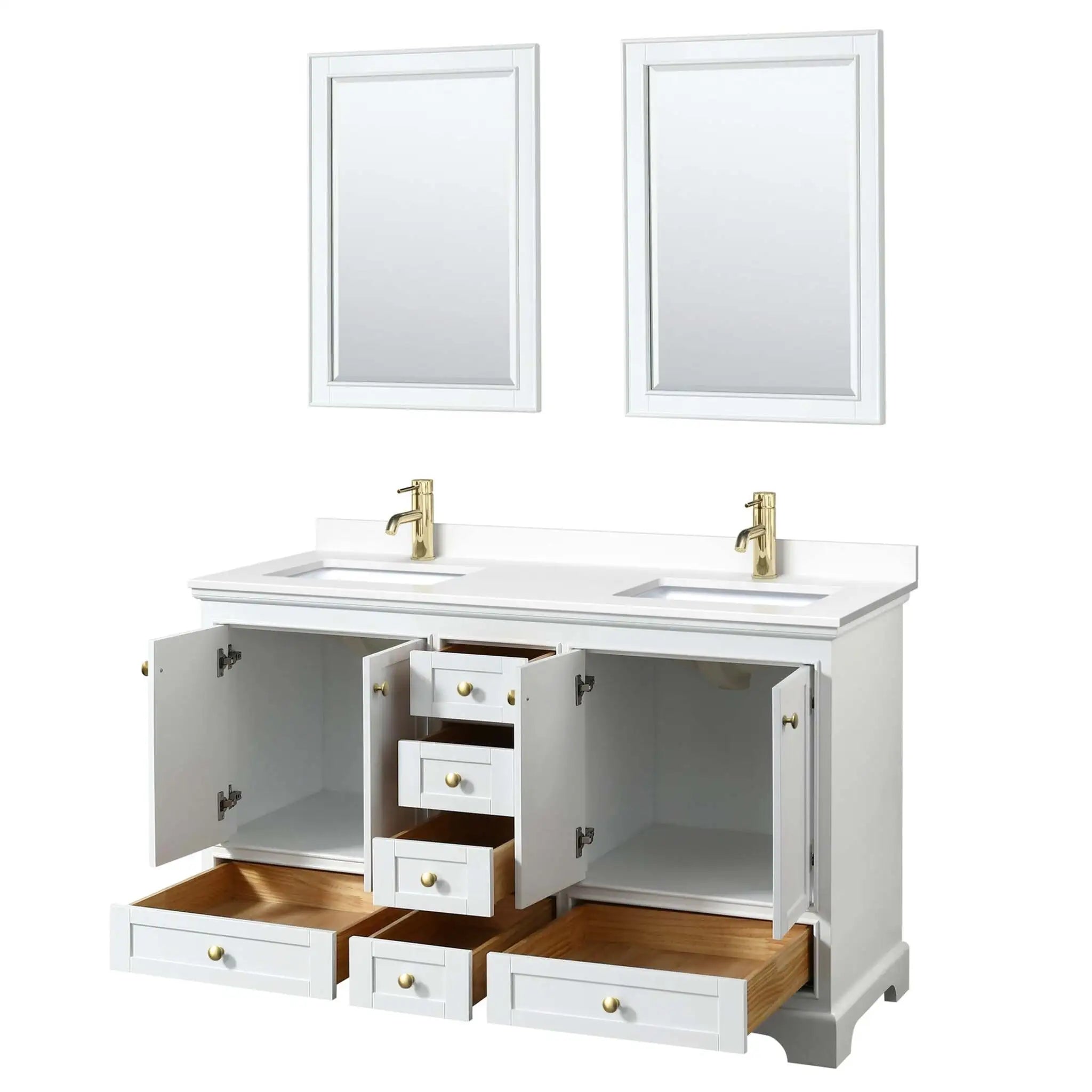 60" Deborah Double Bathroom Vanity in White with Brushed Gold Trim & 24" Mirror by Wyndham