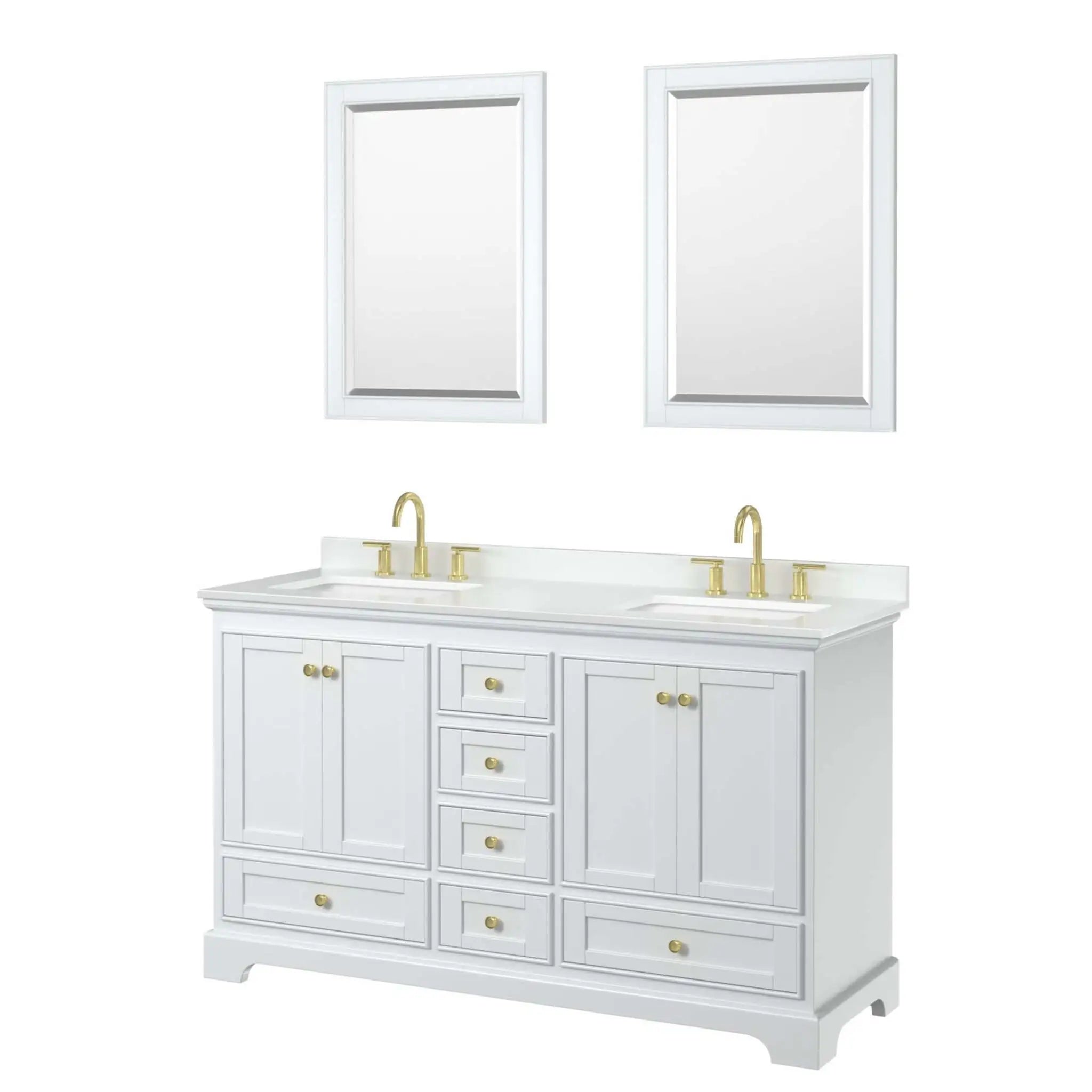 60" Deborah Double Bathroom Vanity in White with Brushed Gold Trim & 24" Mirror by Wyndham