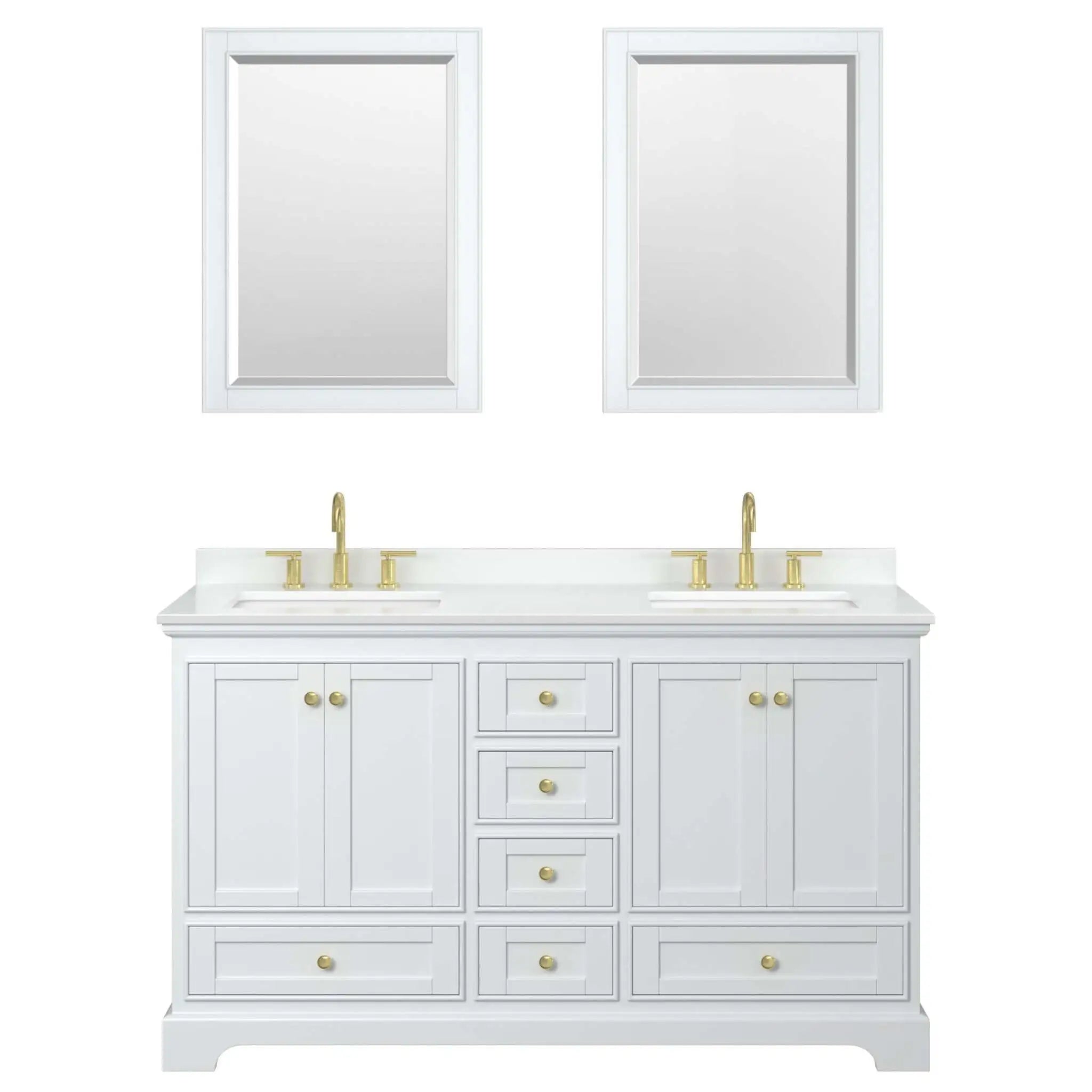 60" Deborah Double Bathroom Vanity in White with Brushed Gold Trim & 24" Mirror by Wyndham