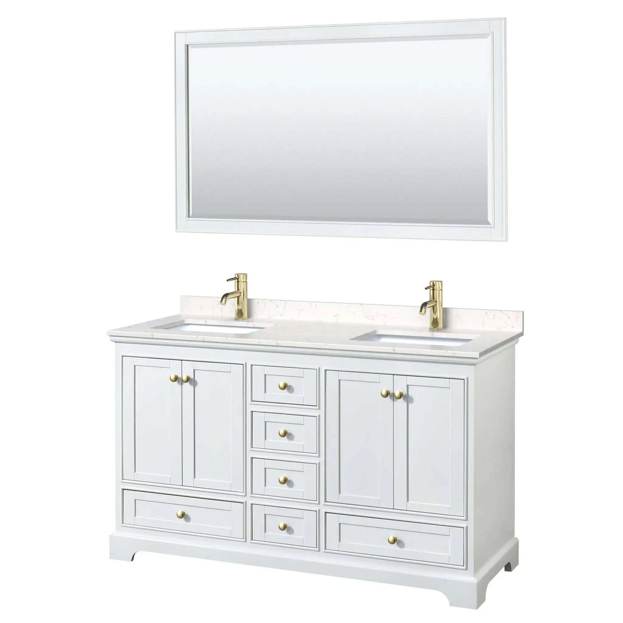 60" Deborah Double Bathroom Vanity in White with Brushed Gold Trim & 58" Mirror by Wyndham