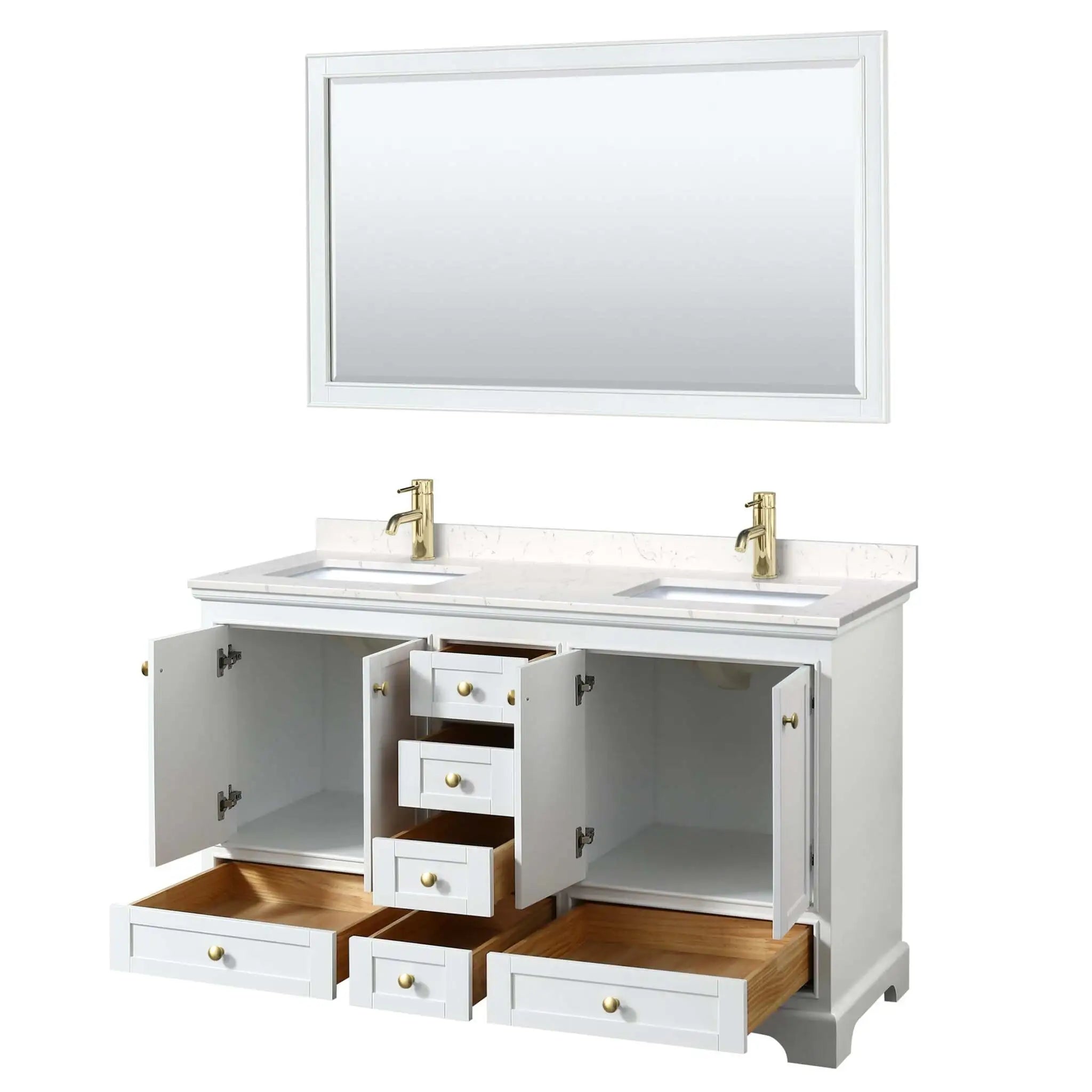 60" Deborah Double Bathroom Vanity in White with Brushed Gold Trim & 58" Mirror by Wyndham