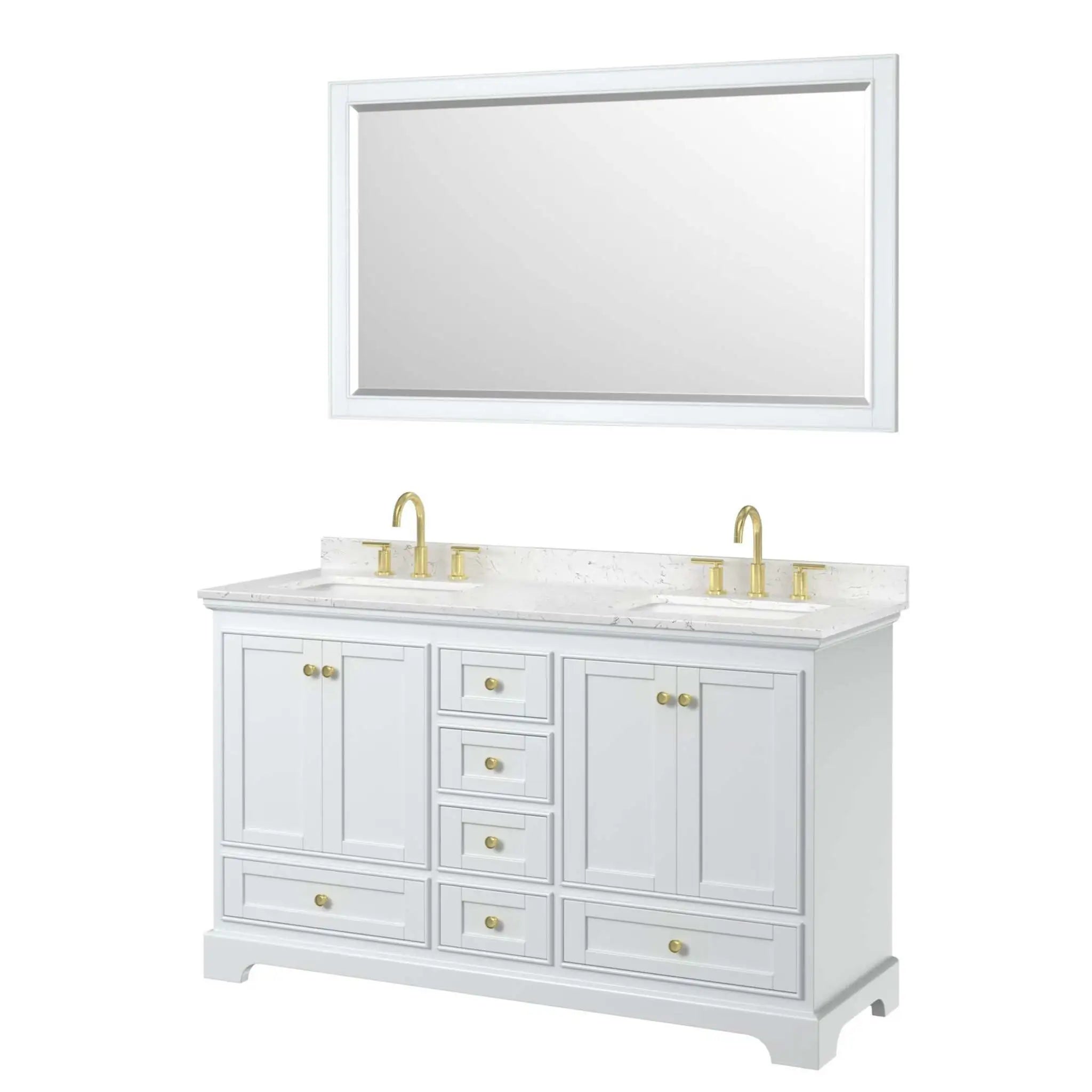 60" Deborah Double Bathroom Vanity in White with Brushed Gold Trim & 58" Mirror by Wyndham