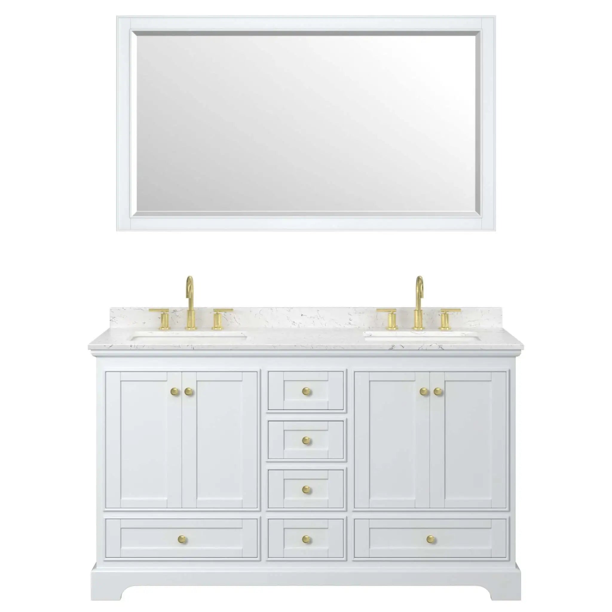 60" Deborah Double Bathroom Vanity in White with Brushed Gold Trim & 58" Mirror by Wyndham