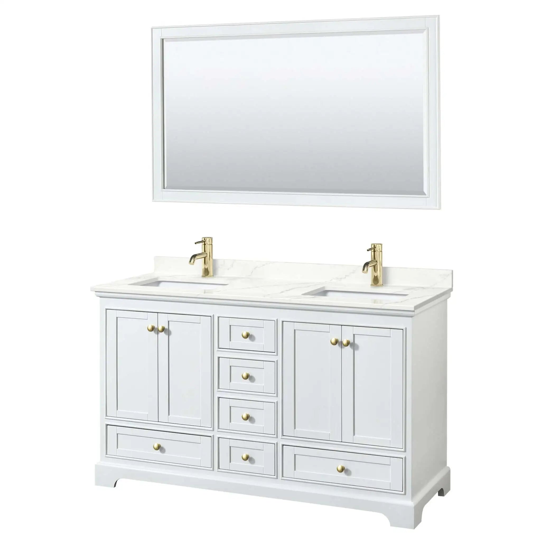60" Deborah Double Bathroom Vanity in White with Brushed Gold Trim & 58" Mirror by Wyndham