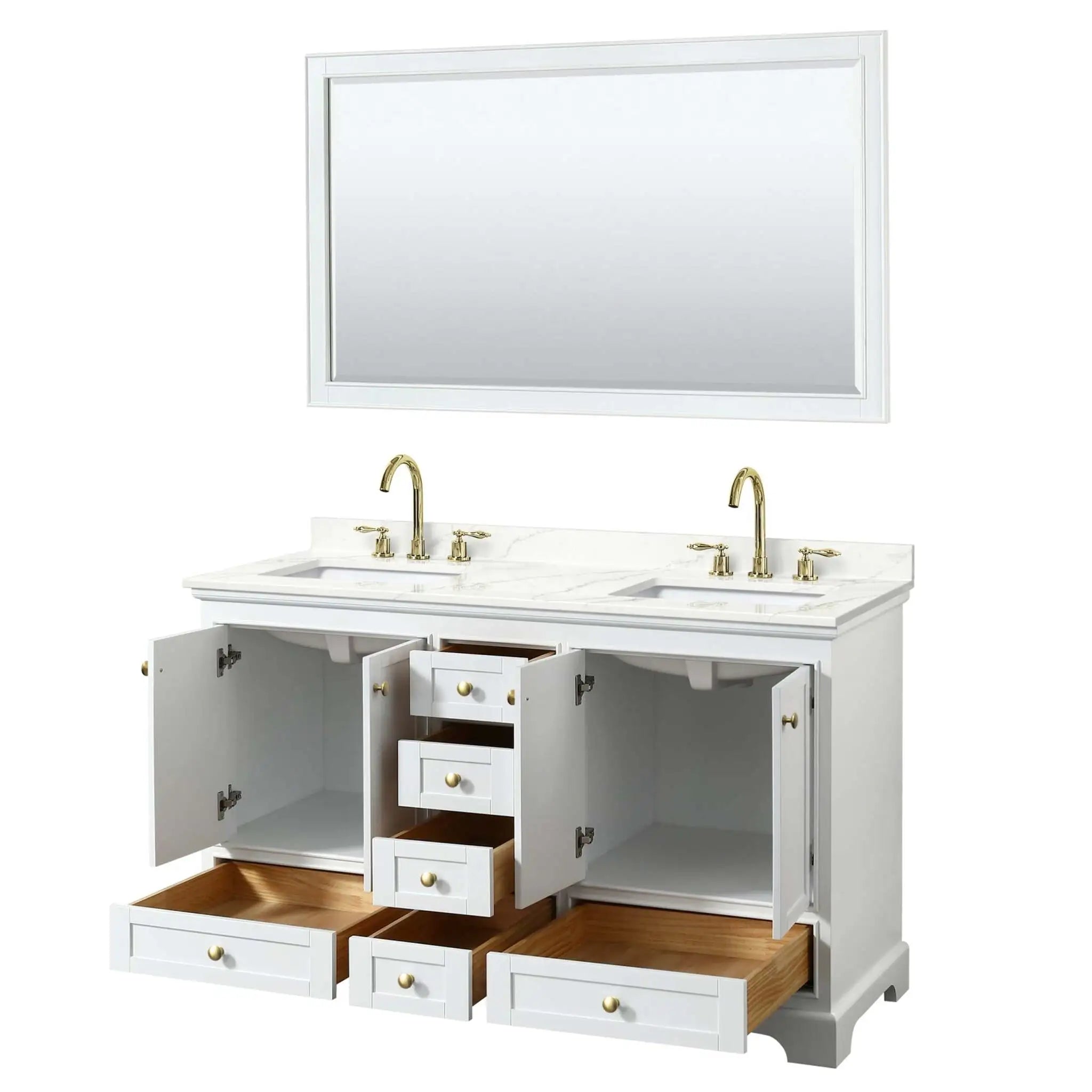 60" Deborah Double Bathroom Vanity in White with Brushed Gold Trim & 58" Mirror by Wyndham