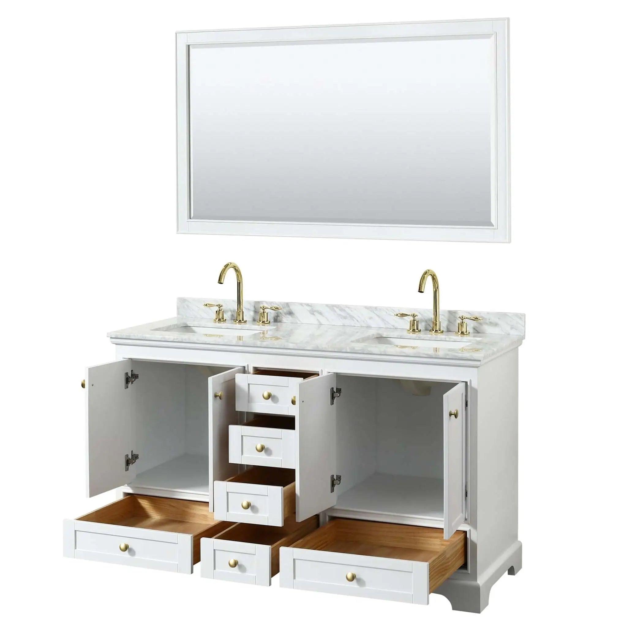 60" Deborah Double Bathroom Vanity in White with Brushed Gold Trim & 58" Mirror by Wyndham