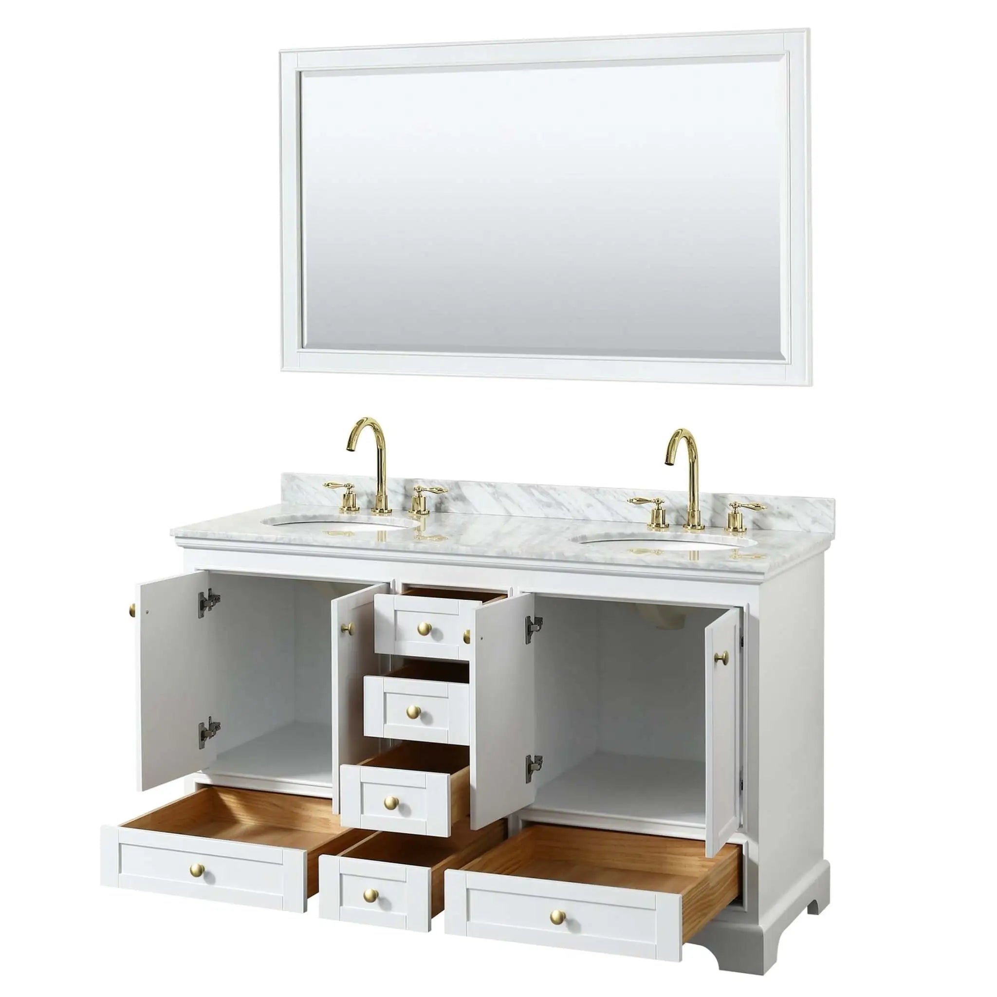 60" Deborah Double Bathroom Vanity in White with Brushed Gold Trim & 58" Mirror by Wyndham