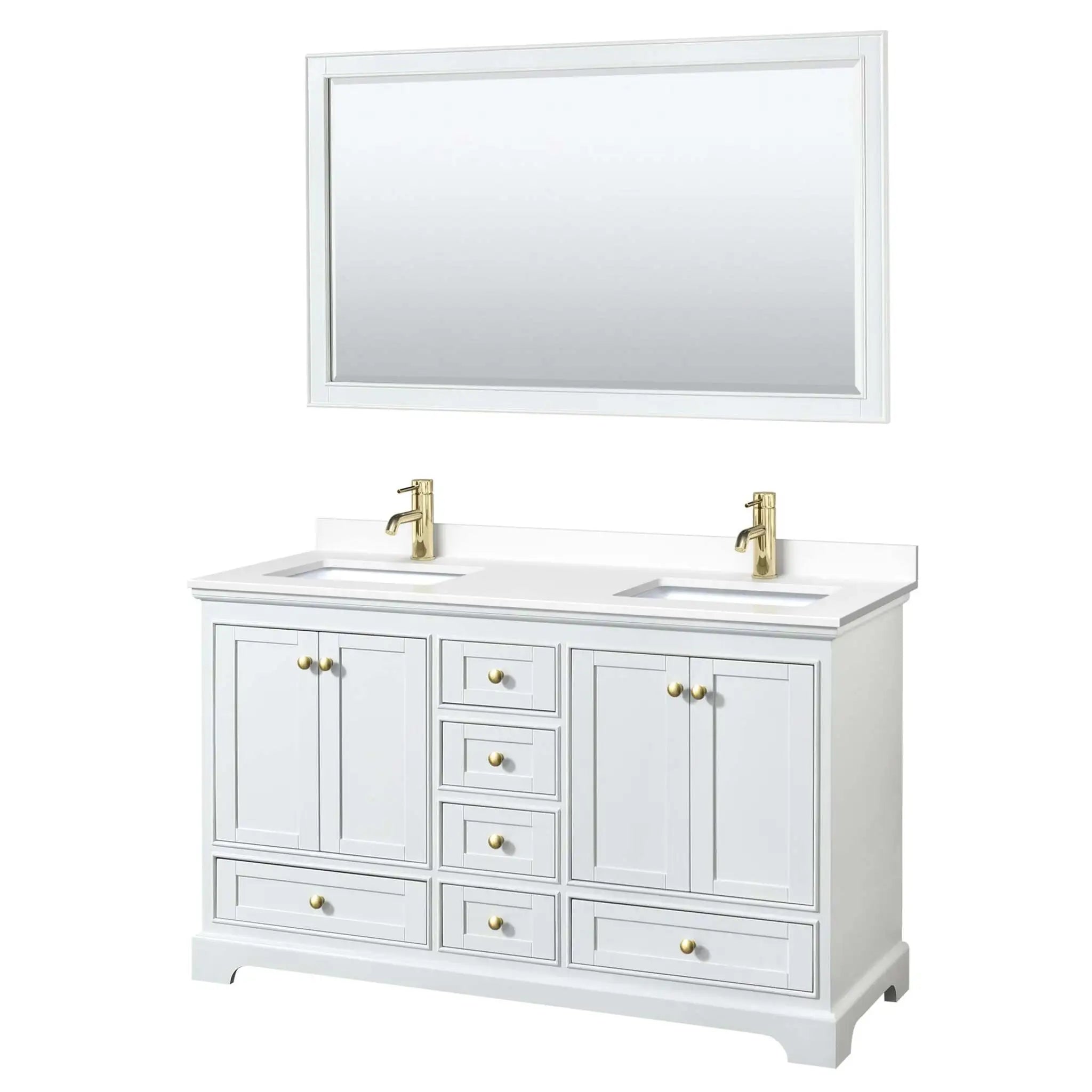 60" Deborah Double Bathroom Vanity in White with Brushed Gold Trim & 58" Mirror by Wyndham