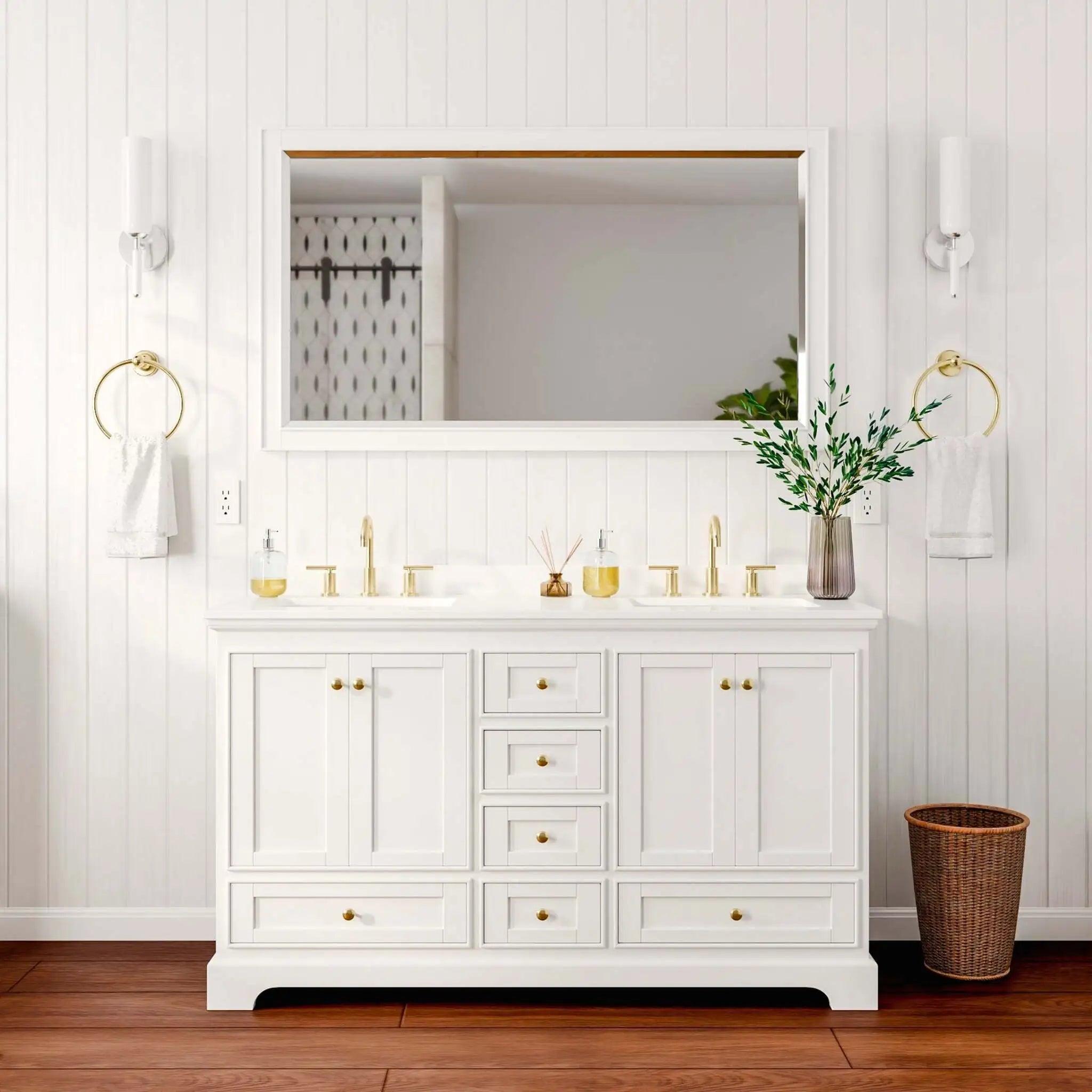 60" Deborah Double Bathroom Vanity in White with Brushed Gold Trim & 58" Mirror by Wyndham